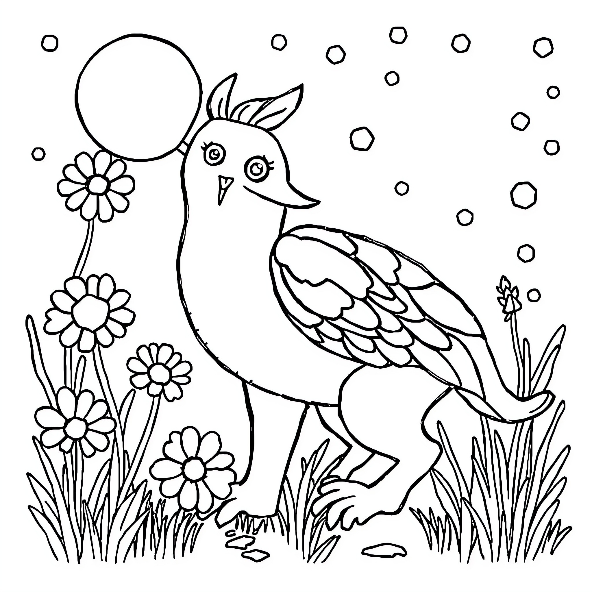 Drawing of a bird with flowers and bubbles Coloring Page (free black-and-white line drawing printable PDF for all, from beginners to advanced learners, including children, teens, adults, and seniors)