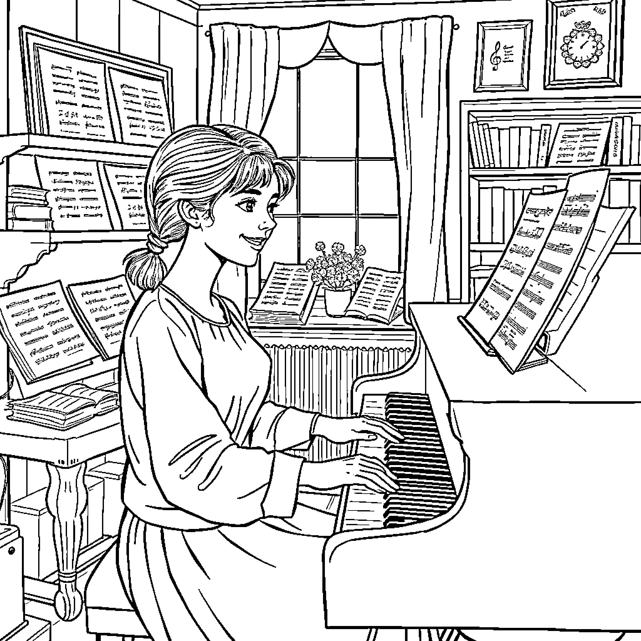 Amy Beach playing piano in a cozy library Coloring Page (free black-and-white line drawing printable PDF for all, from beginners to advanced learners, including children, teens, adults, and seniors)