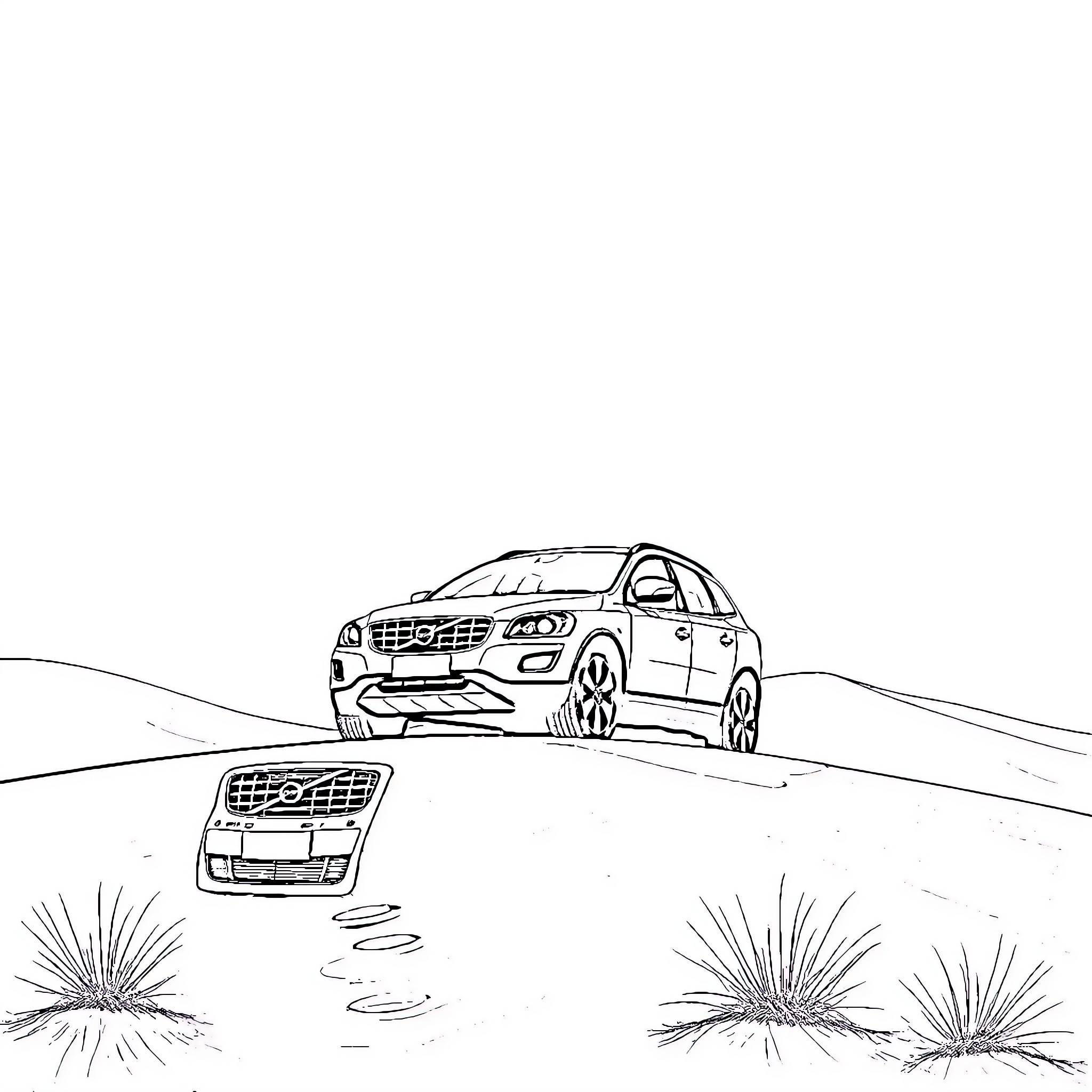 Volvo SUV traversing rugged terrain Coloring Page (free black-and-white line drawing printable PDF for all, from beginners to advanced learners, including children, teens, adults, and seniors)
