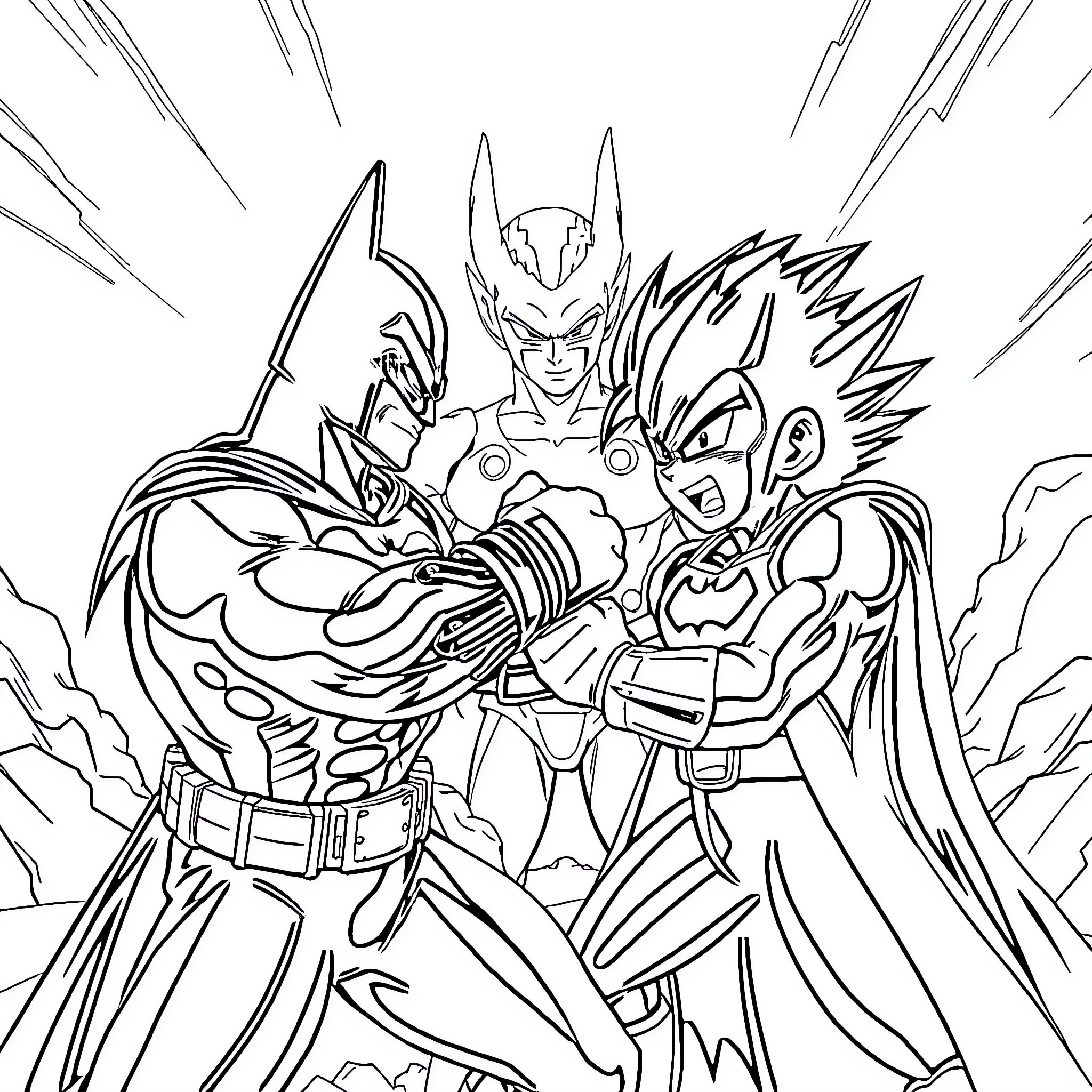 Larry Boy and the Superhero Team in Action Coloring Page (free black-and-white line drawing printable PDF for all, from beginners to advanced learners, including children, teens, adults, and seniors)