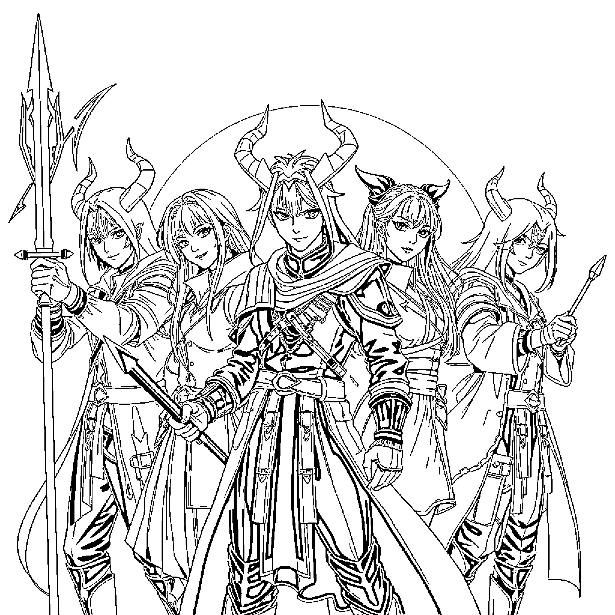 Kpop Demon Hunters Wielding Fierce Weapons and Mystical Powers Coloring Page (free black-and-white line drawing printable PDF for all, from beginners to advanced learners, including children, teens, adults, and seniors)