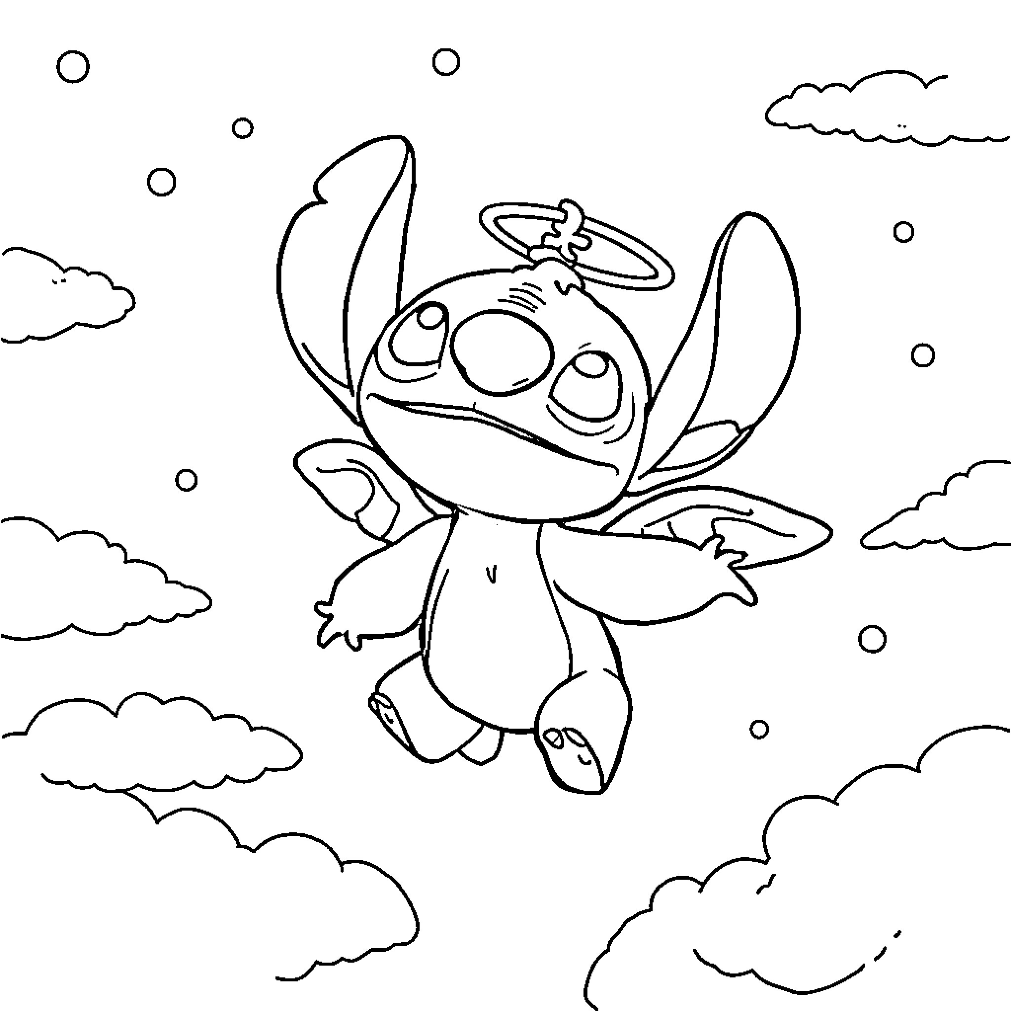 Stitch flying playfully among the clouds Coloring Page (free black-and-white line drawing printable PDF for all, from beginners to advanced learners, including children, teens, adults, and seniors)