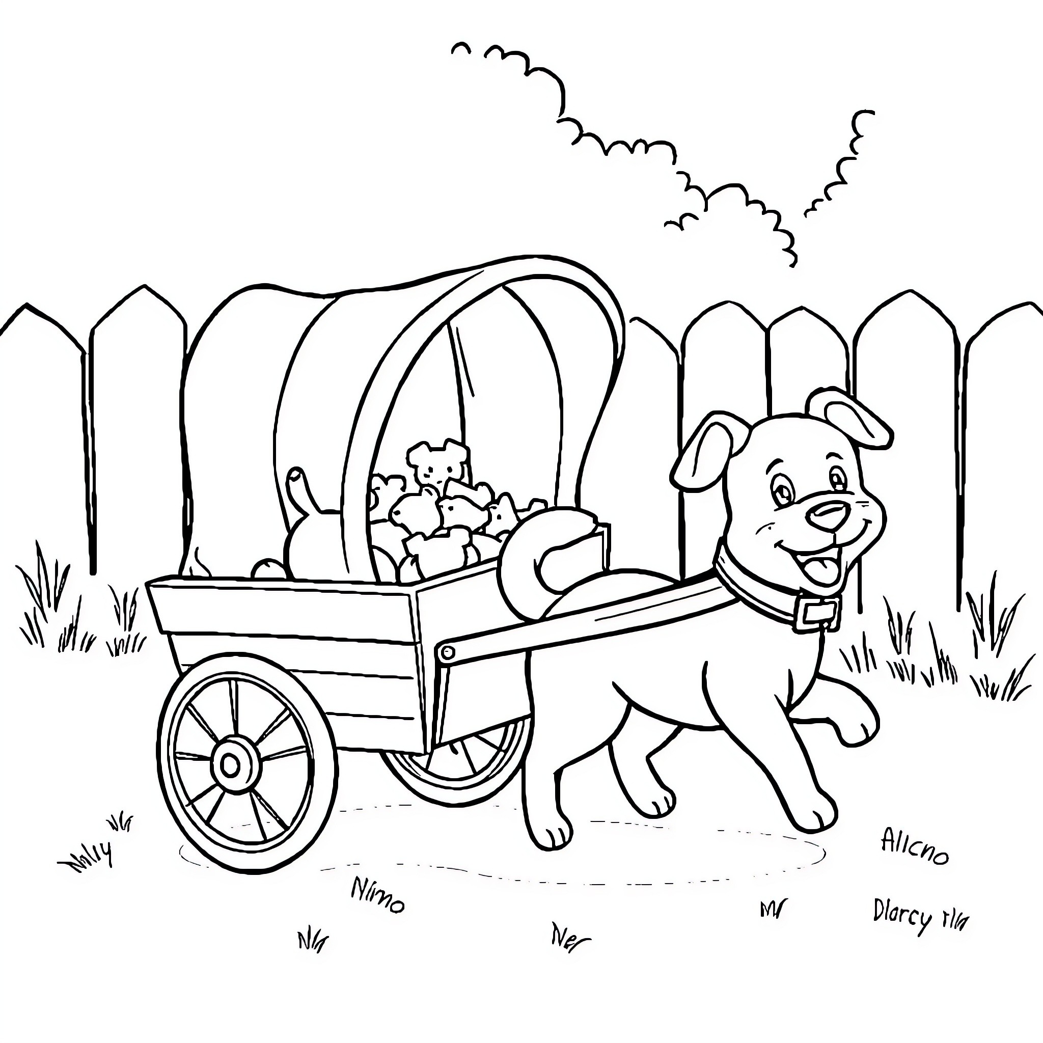 Animal pulling cart with toys in the park Coloring Page (free black-and-white line drawing printable PDF for all, from beginners to advanced learners, including children, teens, adults, and seniors)