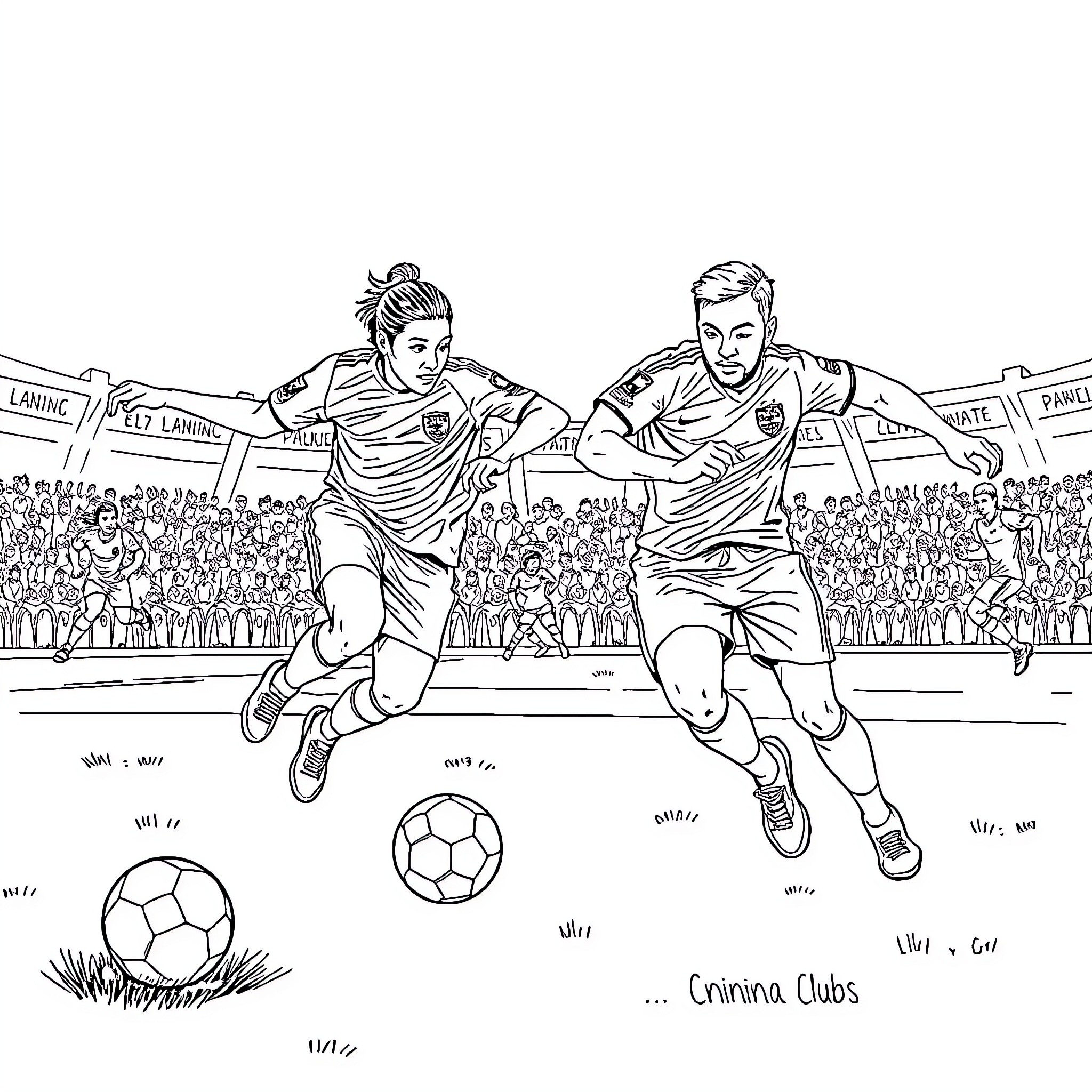 Soccer Club Players in Competitive Match Coloring Page (free black-and-white line drawing printable PDF for all, from beginners to advanced learners, including children, teens, adults, and seniors)