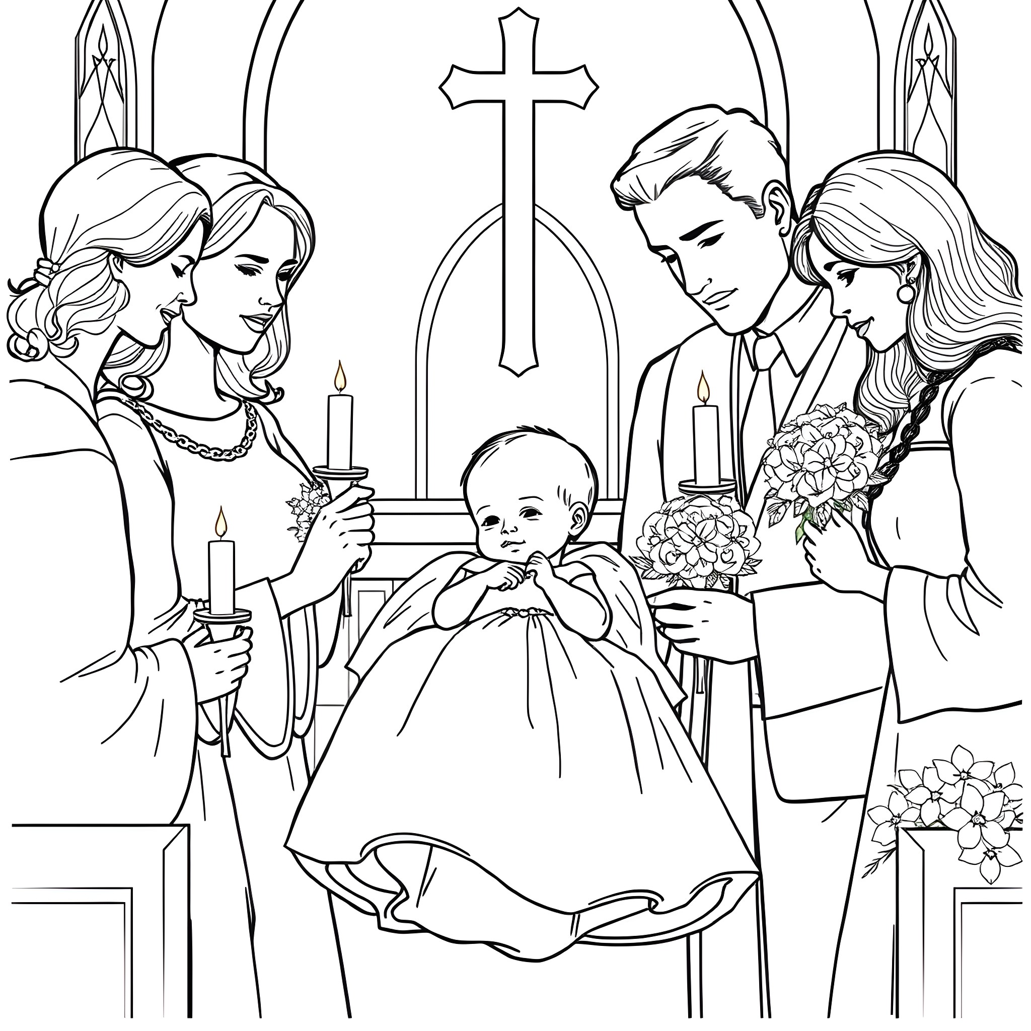 Baby's Baptism at the Church Coloring Page (free black-and-white line drawing printable PDF for all, from beginners to advanced learners, including children, teens, adults, and seniors)