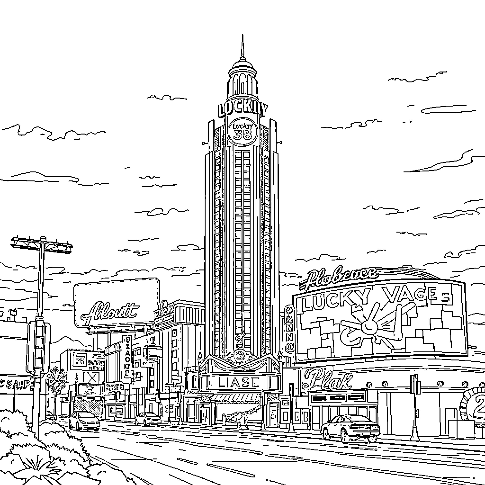 Skyline of a busy urban city street Coloring Page (free black-and-white line drawing printable PDF for all, from beginners to advanced learners, including children, teens, adults, and seniors)