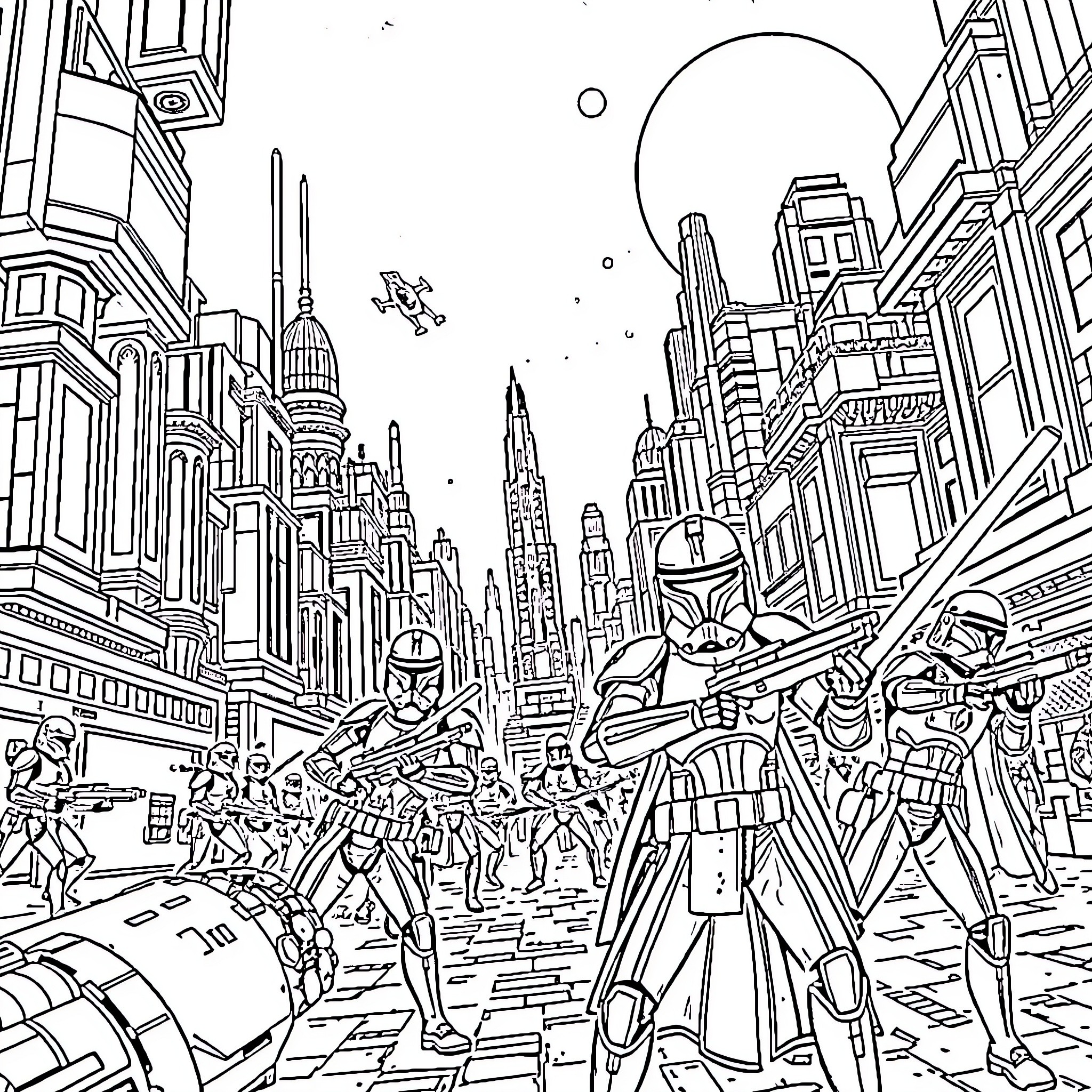 Star Wars Futuristic City with Armored Troopers Coloring Page (free black-and-white line drawing printable PDF for all, from beginners to advanced learners, including children, teens, adults, and seniors)
