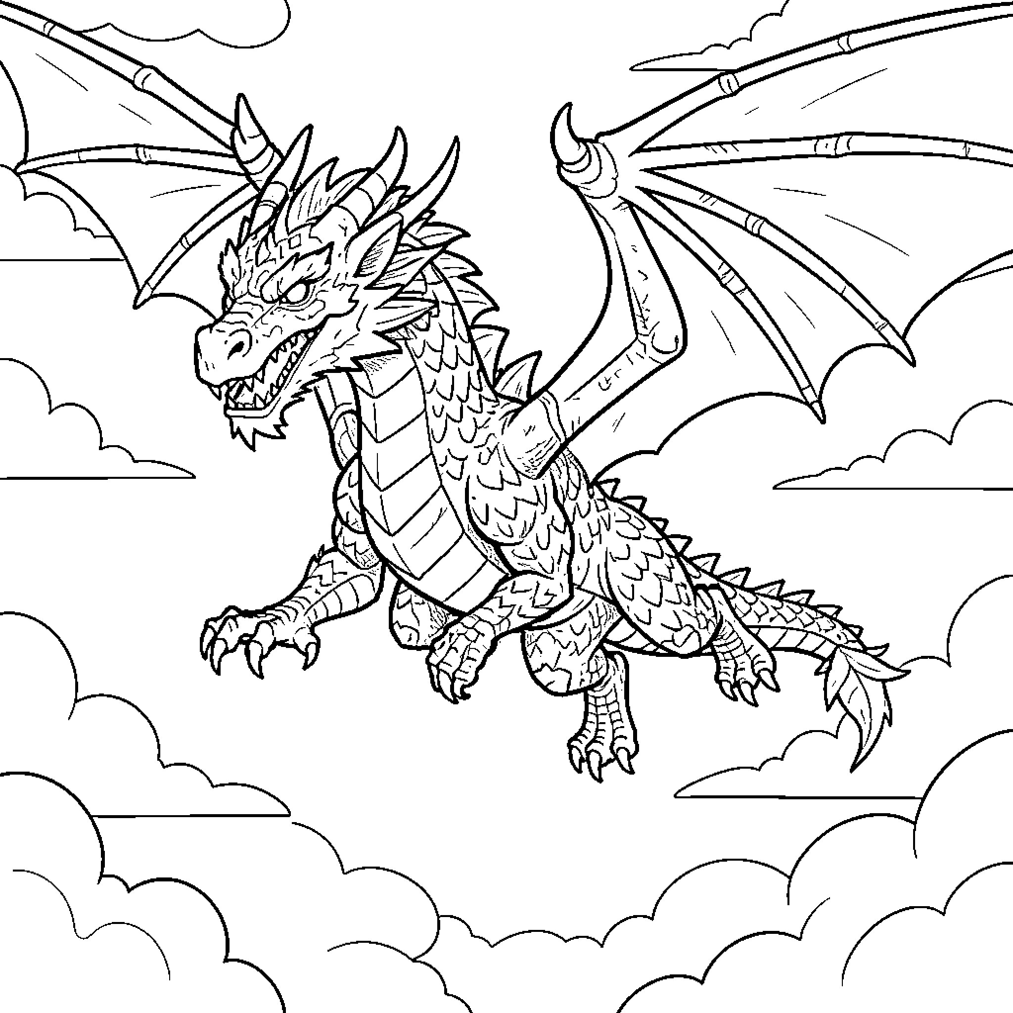 Dragon flying majestically through the clouds Coloring Page (free black-and-white line drawing printable PDF for all, from beginners to advanced learners, including children, teens, adults, and seniors)