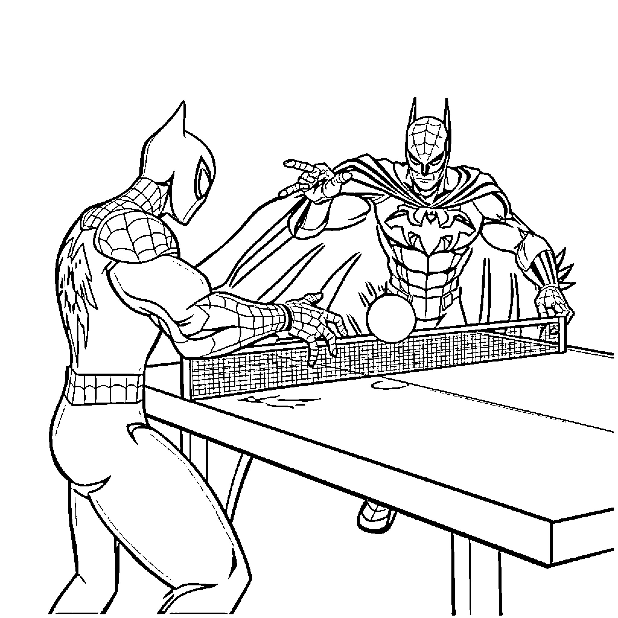Spiderman battling against a formidable foe on a table Coloring Page (free black-and-white line drawing printable PDF for all, from beginners to advanced learners, including children, teens, adults, and seniors)