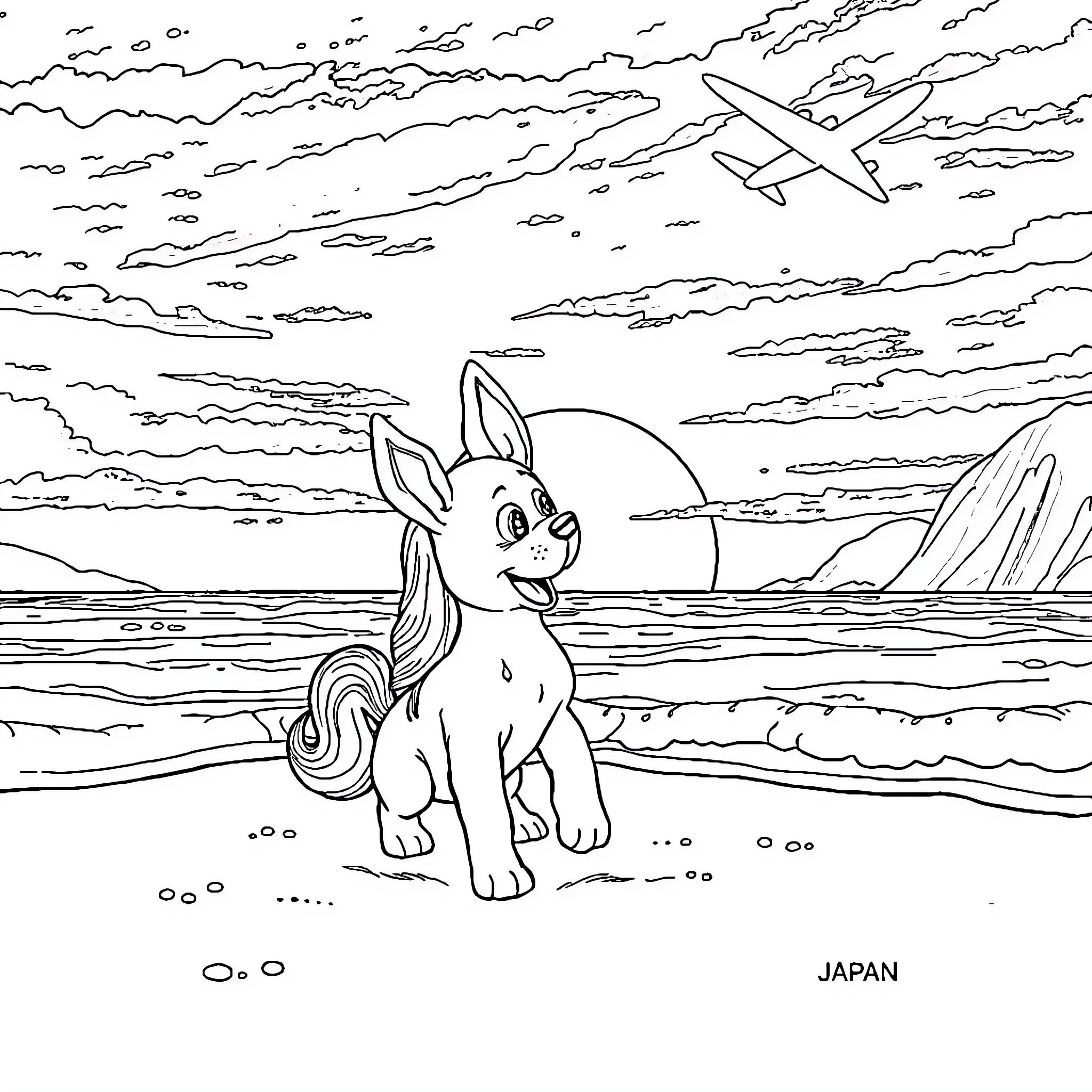 Cinnamarol's Journey Across the Skies and Seas Coloring Page (free black-and-white line drawing printable PDF for all, from beginners to advanced learners, including children, teens, adults, and seniors)