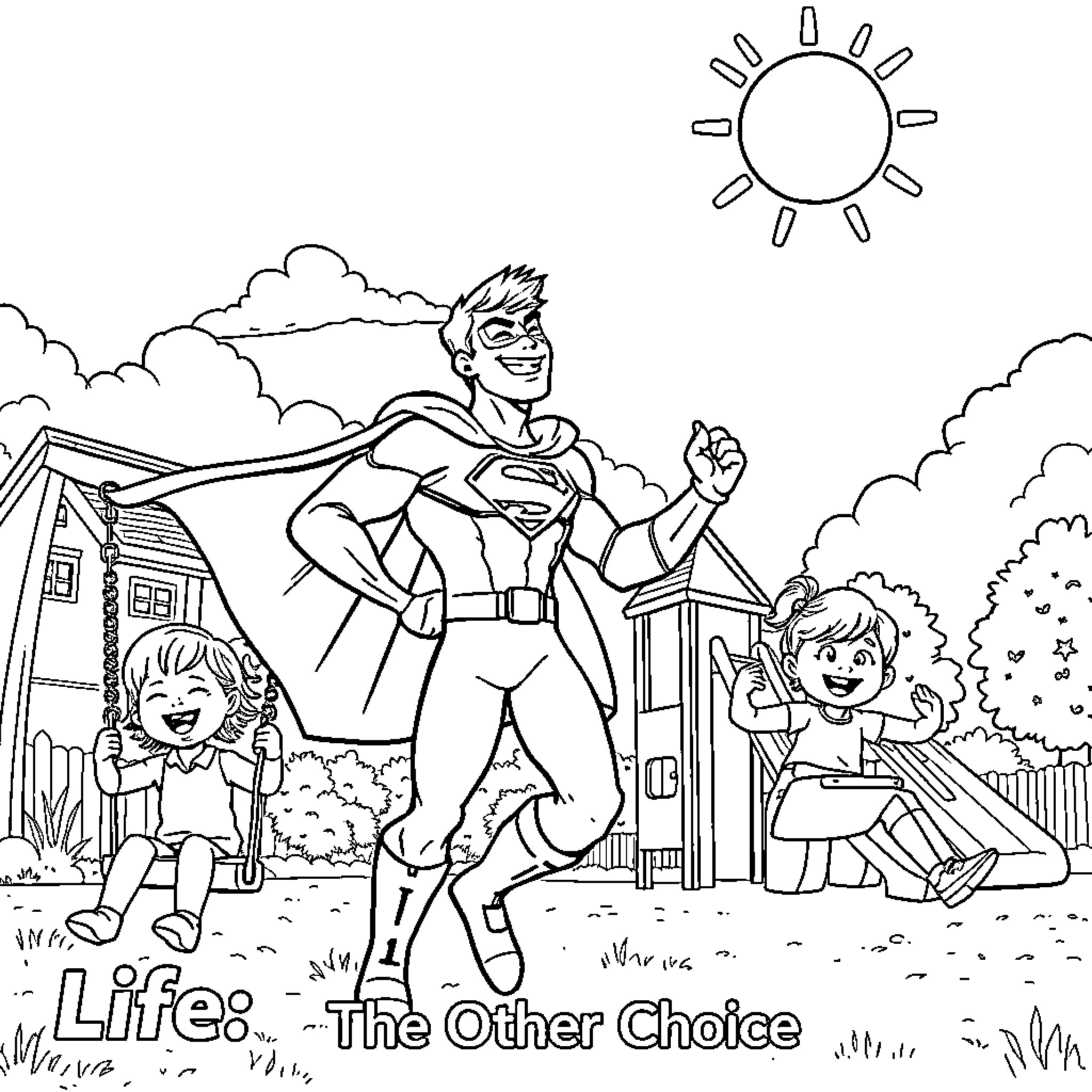Superhero Saves the Day in Vibrant Neighborhood Coloring Page (free black-and-white line drawing printable PDF for all, from beginners to advanced learners, including children, teens, adults, and seniors)