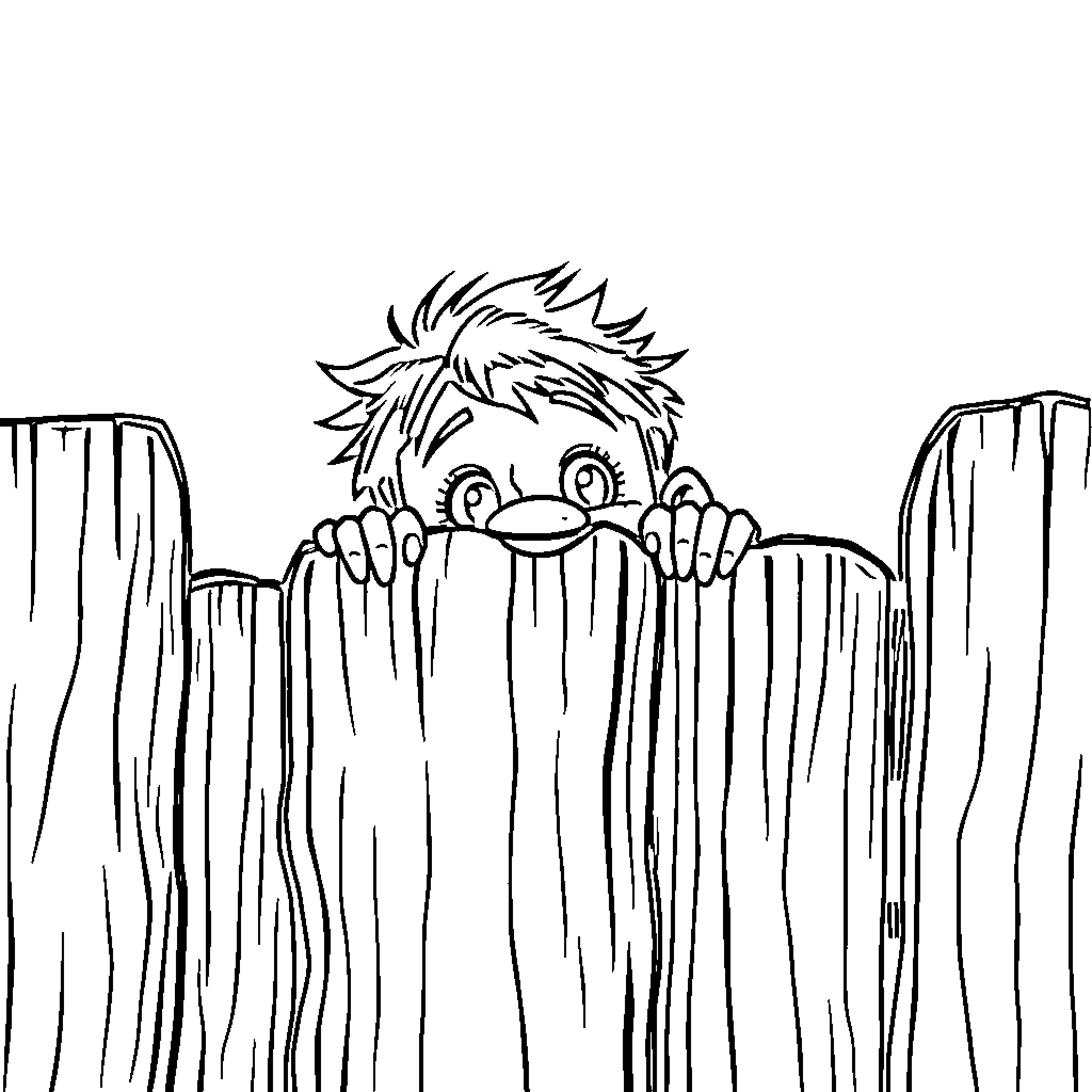 Person peeks out curiously from behind wooden boards Coloring Page (free black-and-white line drawing printable PDF for all, from beginners to advanced learners, including children, teens, adults, and seniors)