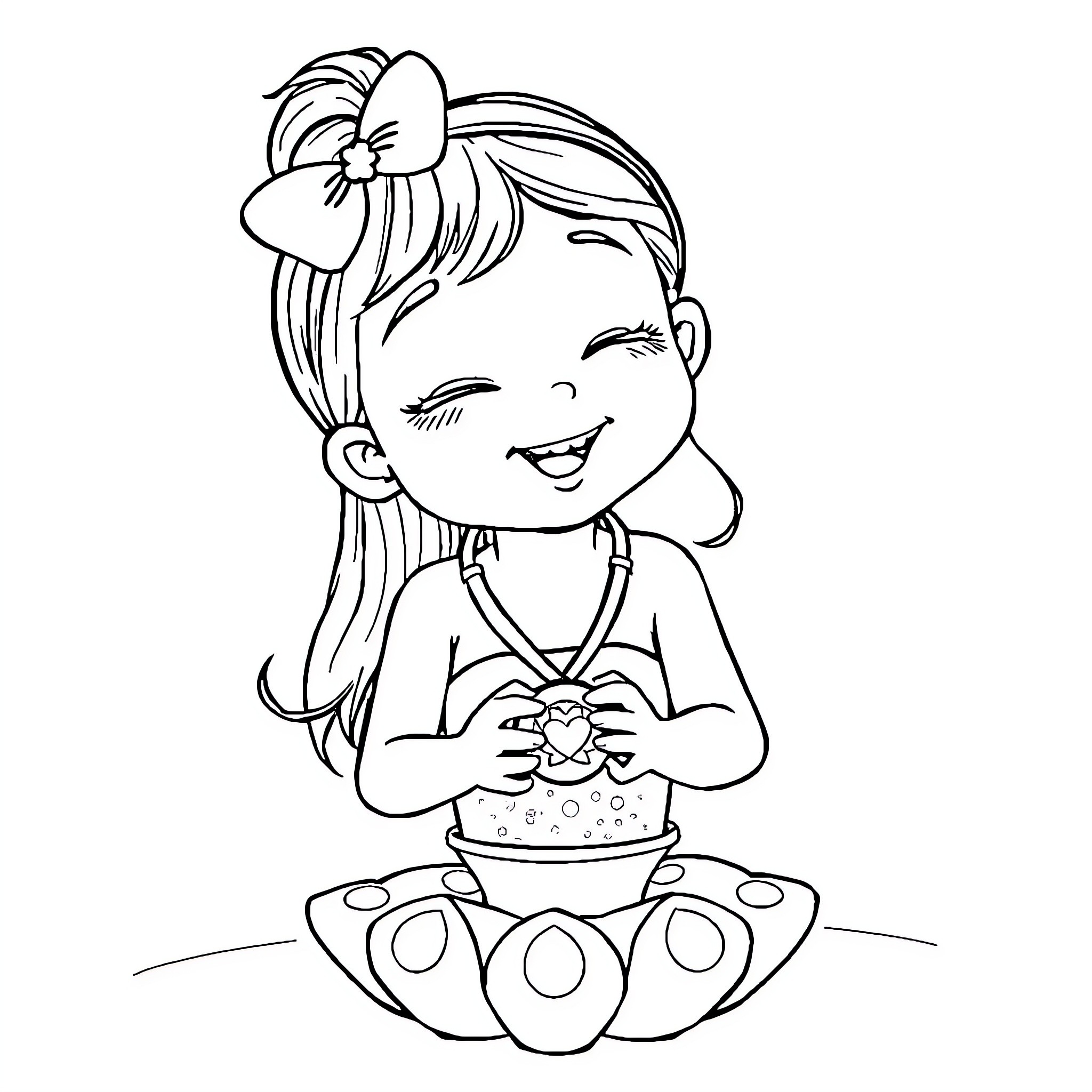 Nadadora enjoying a snack while sitting on the floor Coloring Page (free black-and-white line drawing printable PDF for all, from beginners to advanced learners, including children, teens, adults, and seniors)