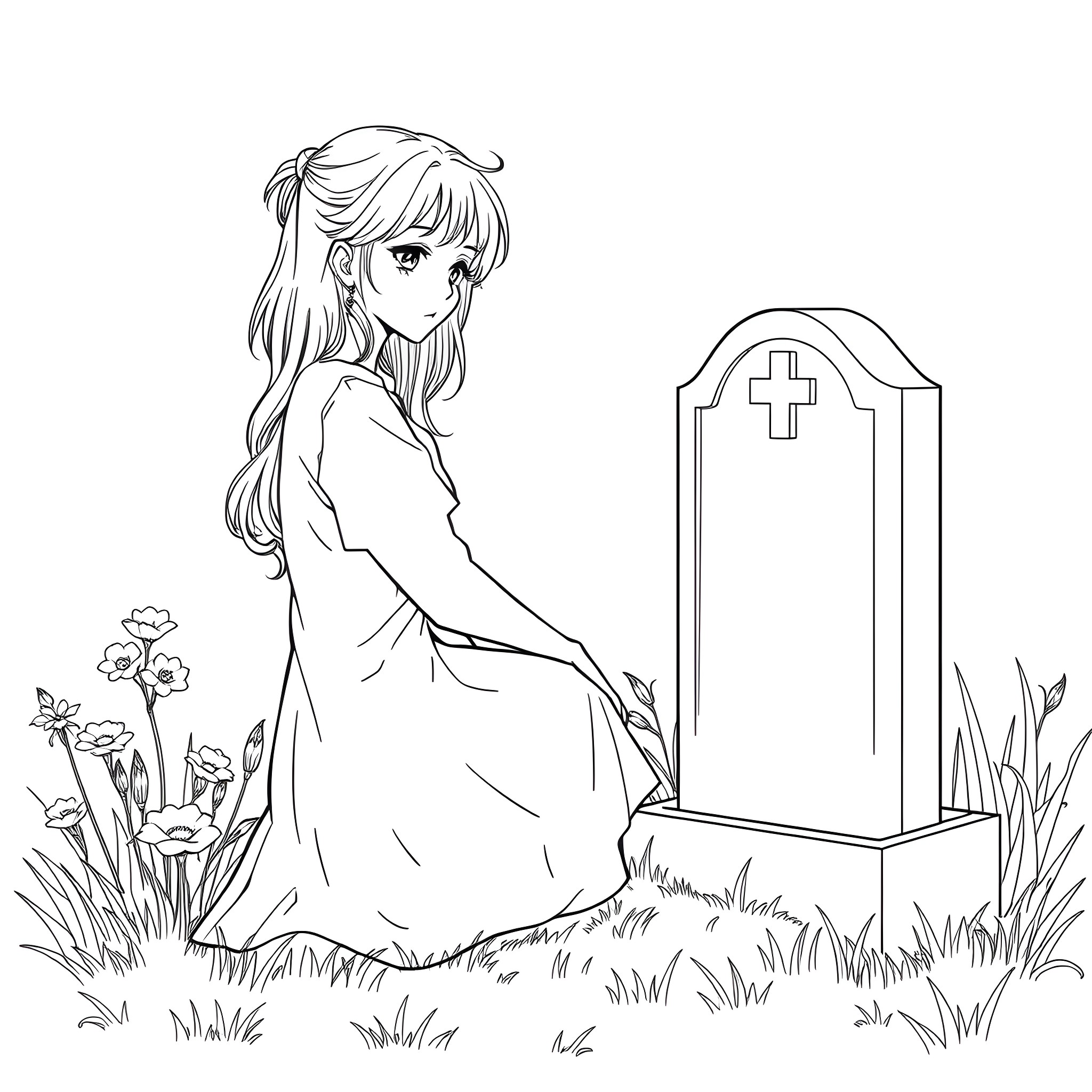 Woman in mourning at a gravestone Coloring Page (free black-and-white line drawing printable PDF for all, from beginners to advanced learners, including children, teens, adults, and seniors)