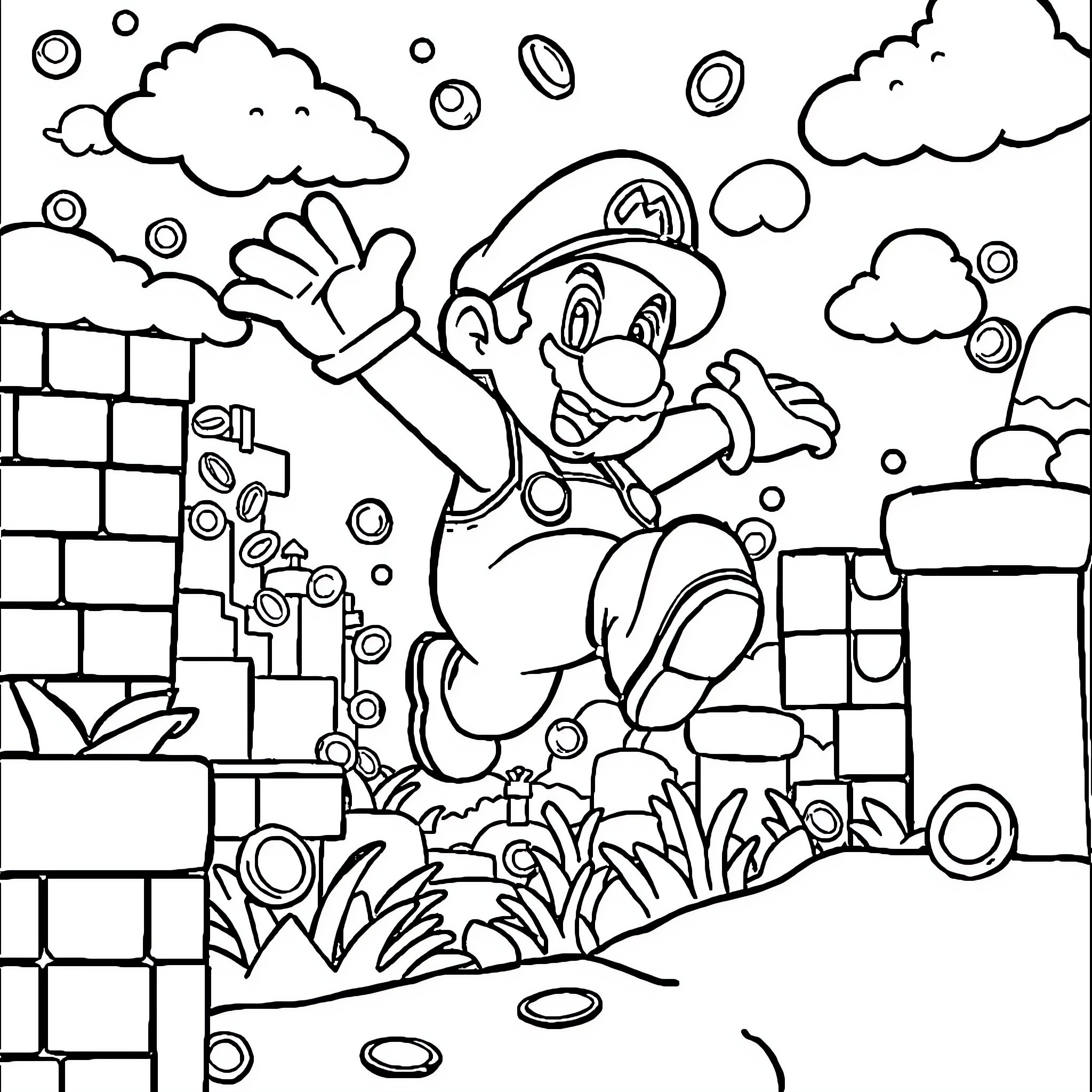 Super Mario Jumping with Excitement in the Mushroom Kingdom Coloring Page (free black-and-white line drawing printable PDF for all, from beginners to advanced learners, including children, teens, adults, and seniors)