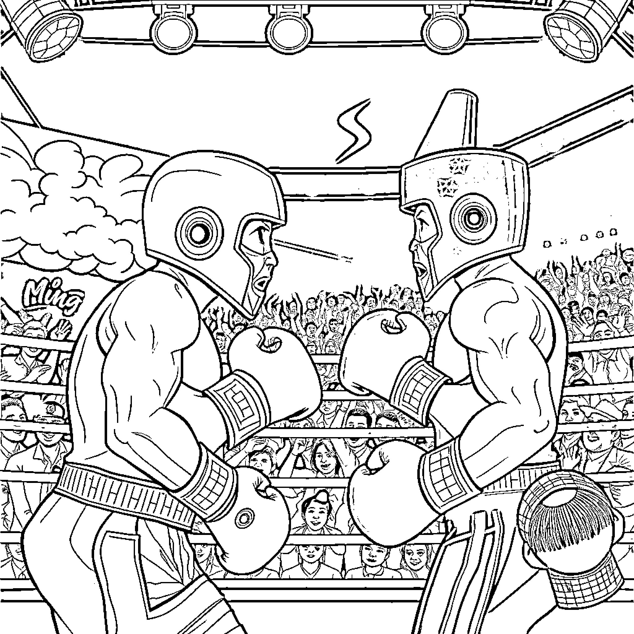 Vape boxing match in arena with spectators Coloring Page (free black-and-white line drawing printable PDF for all, from beginners to advanced learners, including children, teens, adults, and seniors)