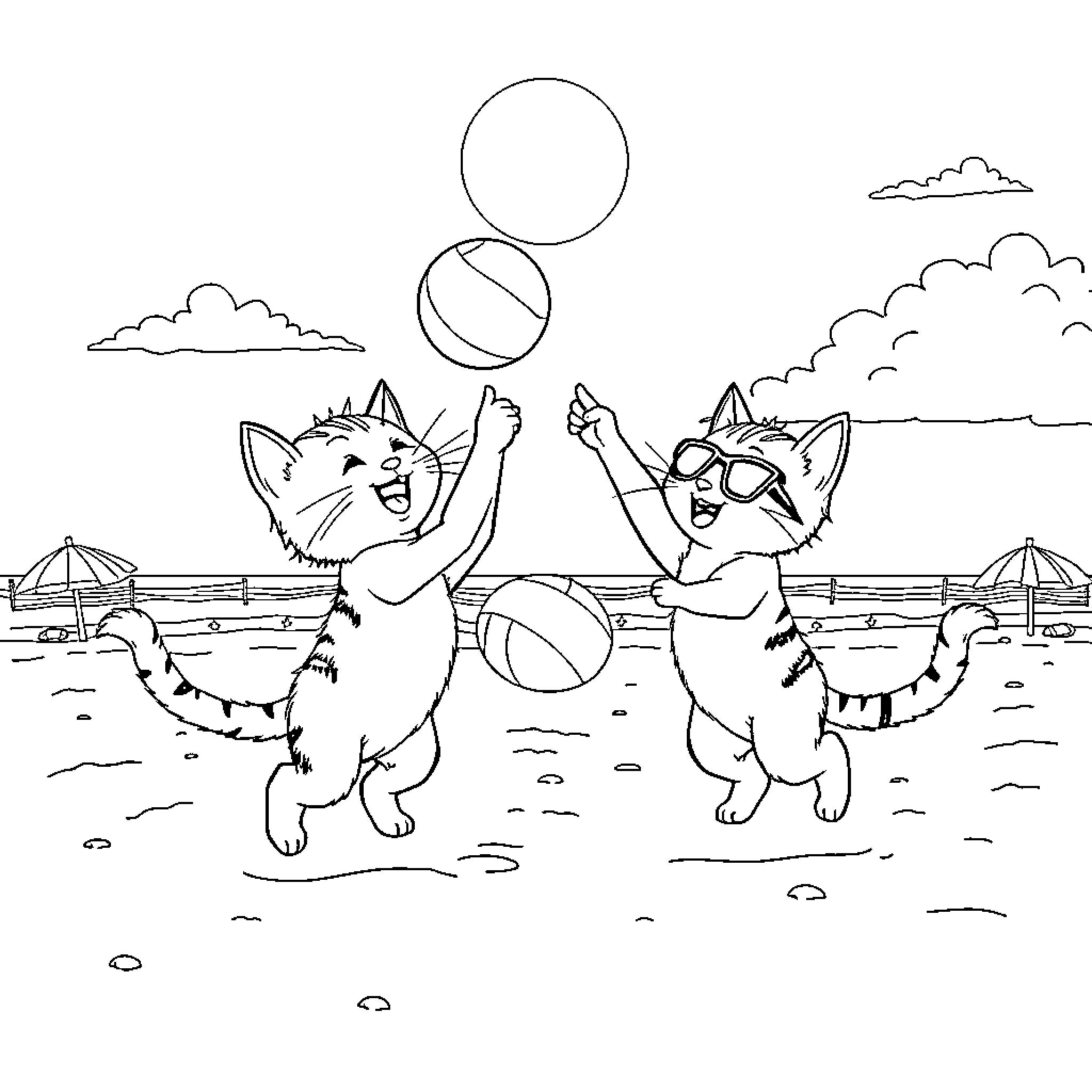 Superkitties playing with beach balls at the seaside Coloring Page (free black-and-white line drawing printable PDF for all, from beginners to advanced learners, including children, teens, adults, and seniors)