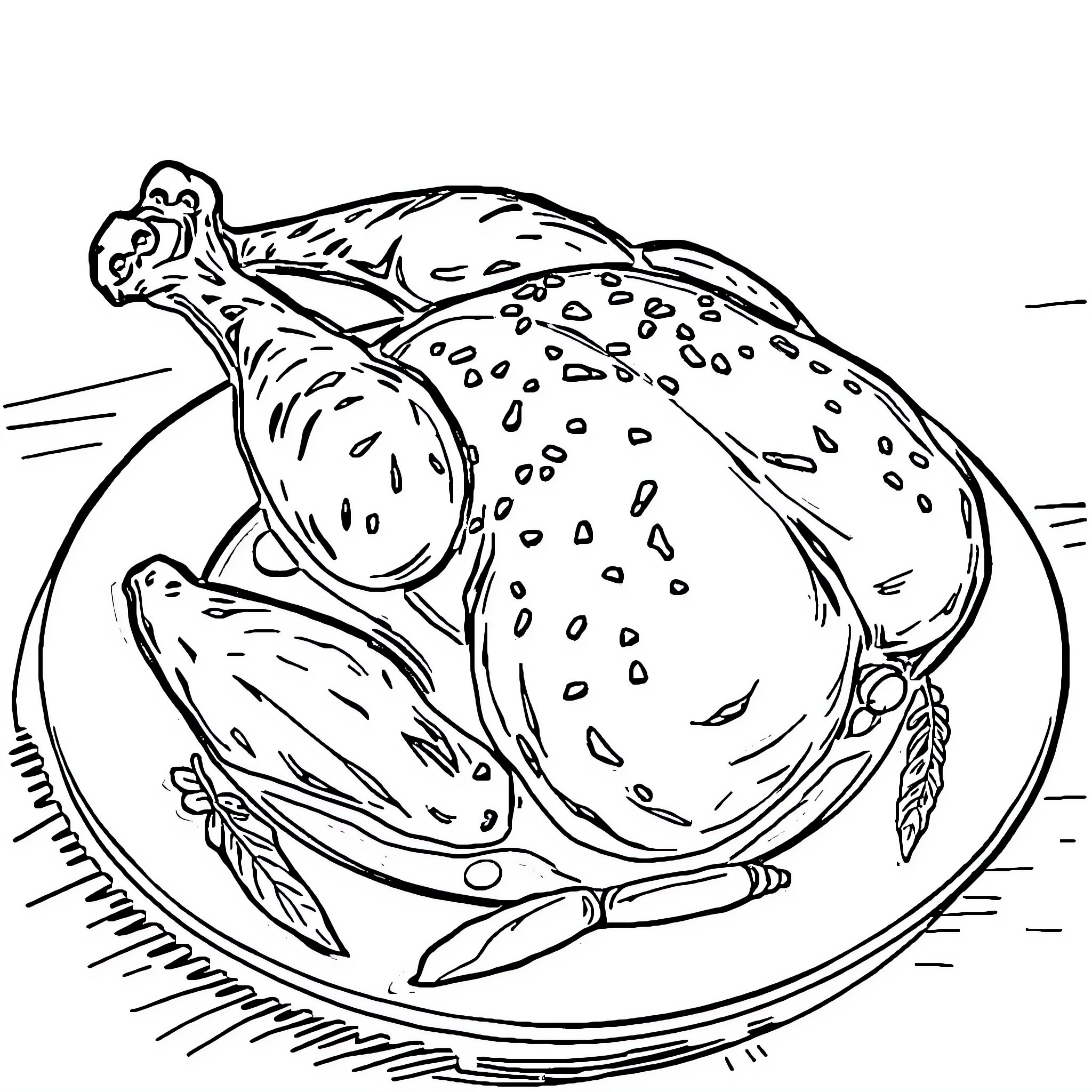 Chicken roasted on a plate with feathers Coloring Page (free black-and-white line drawing printable PDF for all, from beginners to advanced learners, including children, teens, adults, and seniors)