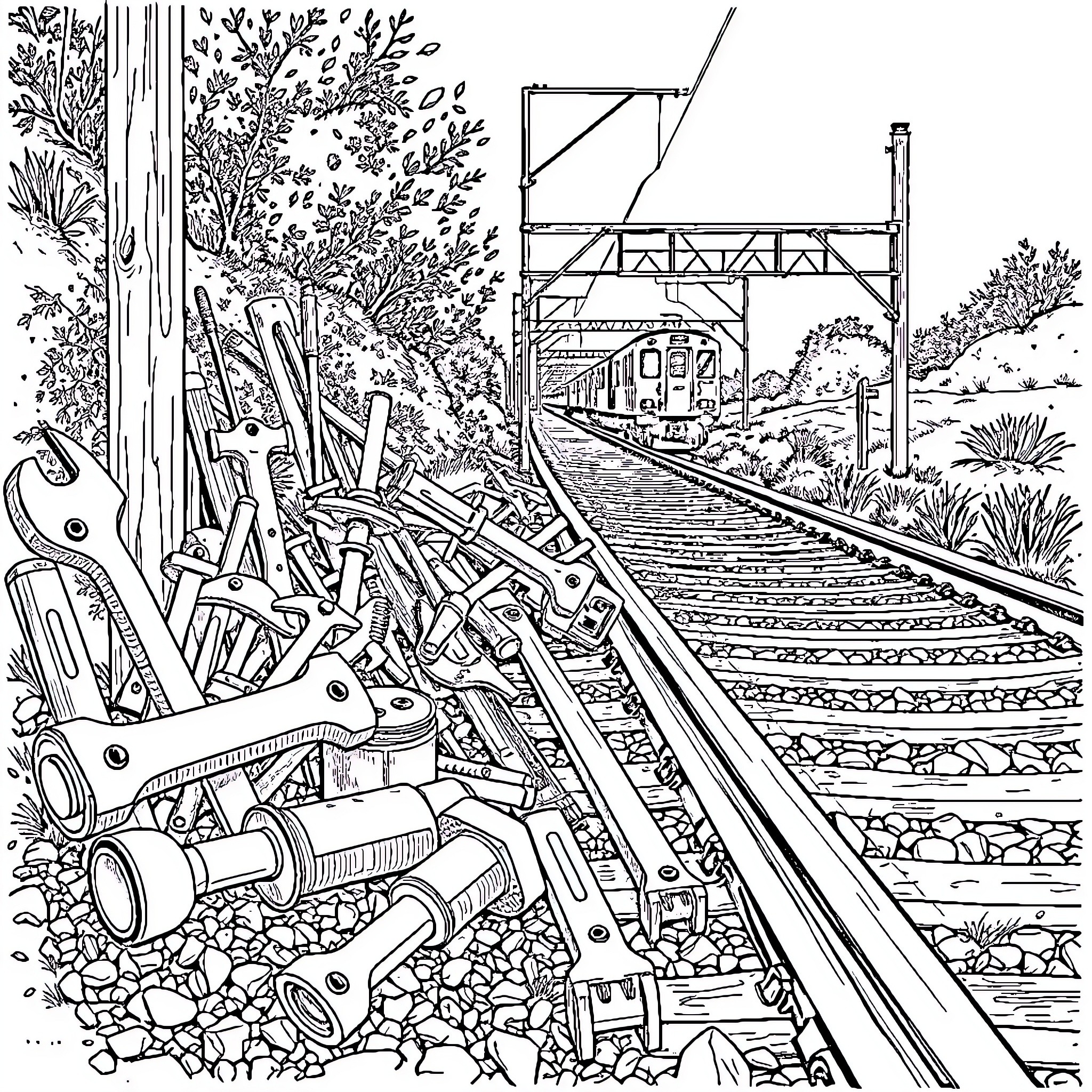 Tool Abandoned Railway Track in Overgrown Forest Coloring Page (free black-and-white line drawing printable PDF for all, from beginners to advanced learners, including children, teens, adults, and seniors)