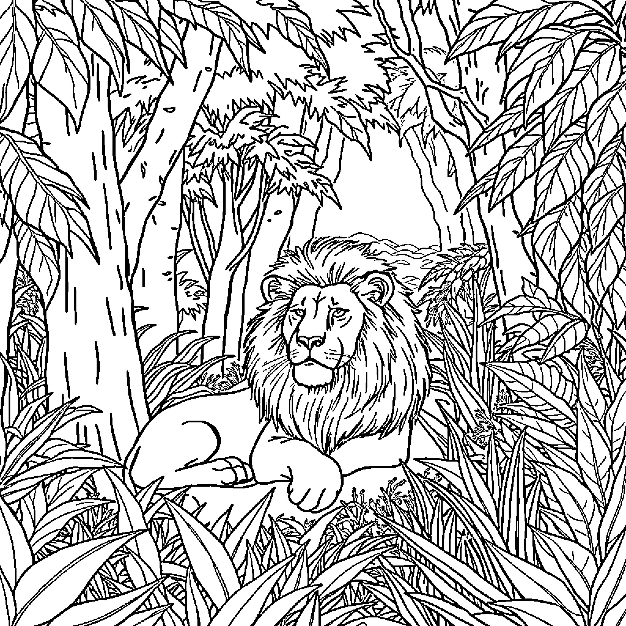 Lion resting in the dense jungle Coloring Page (free black-and-white line drawing printable PDF for all, from beginners to advanced learners, including children, teens, adults, and seniors)