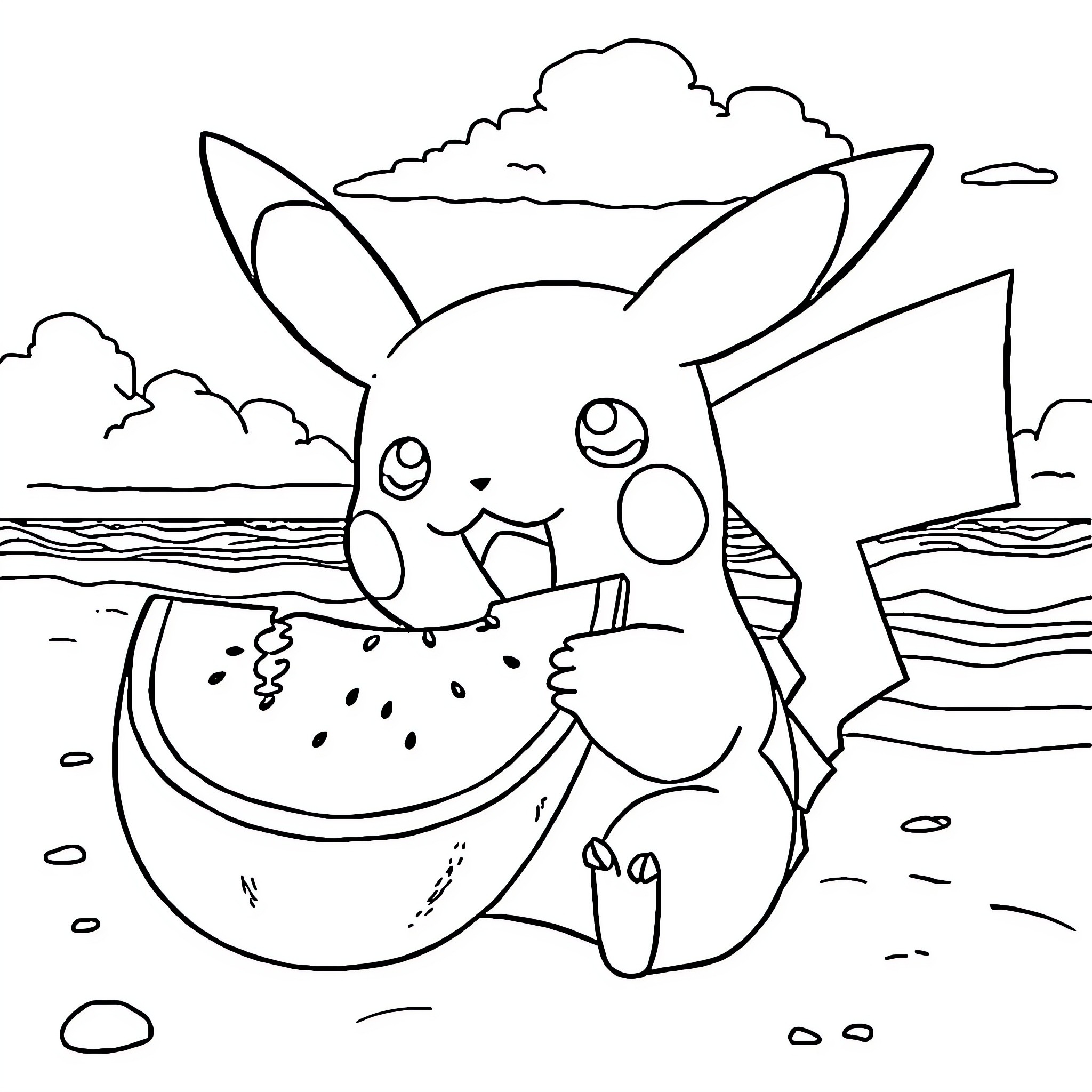 Pikachu enjoying a watermelon by the beach Coloring Page (free black-and-white line drawing printable PDF for all, from beginners to advanced learners, including children, teens, adults, and seniors)
