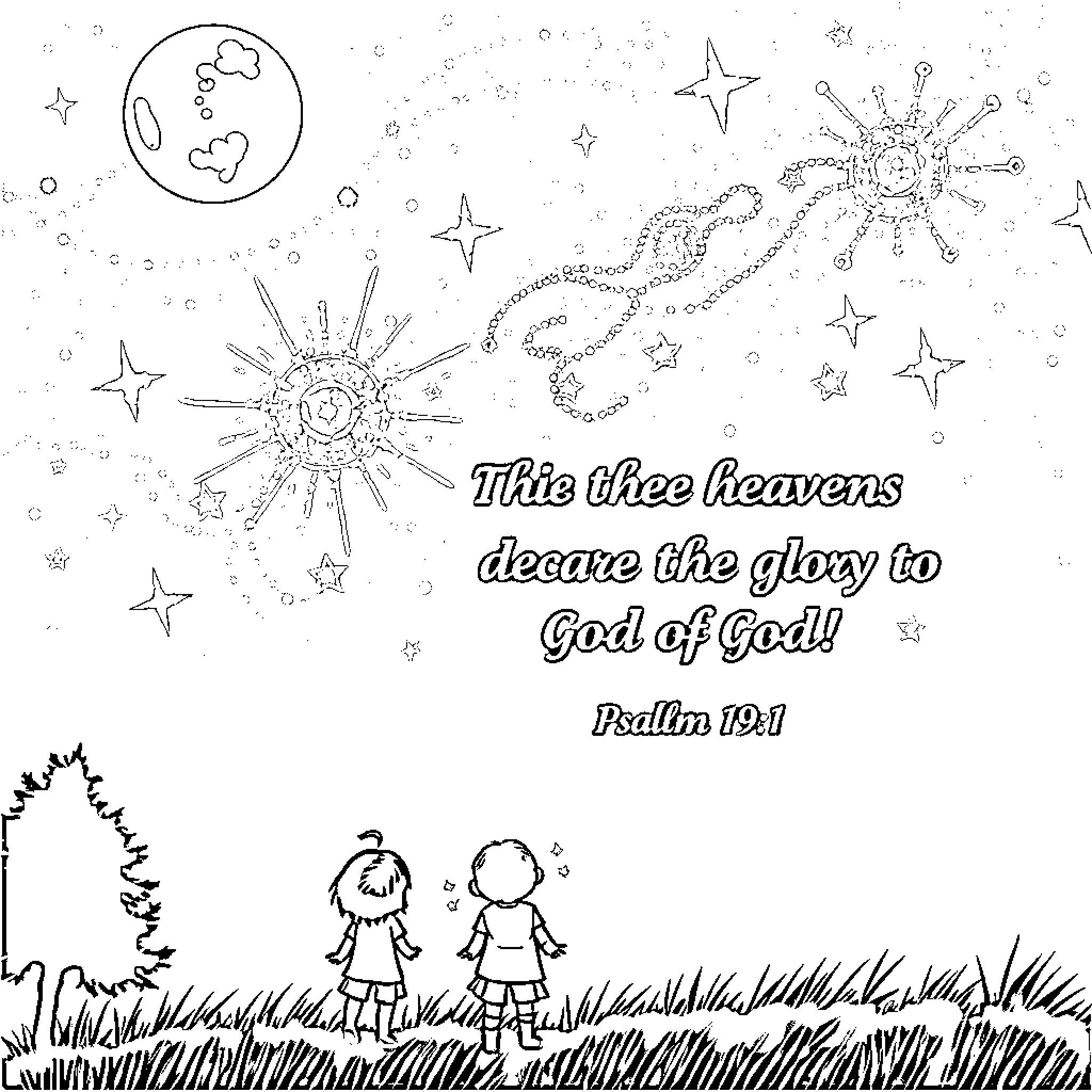 Night Sky Declaring the Glory of God Coloring Page (free black-and-white line drawing printable PDF for all, from beginners to advanced learners, including children, teens, adults, and seniors)