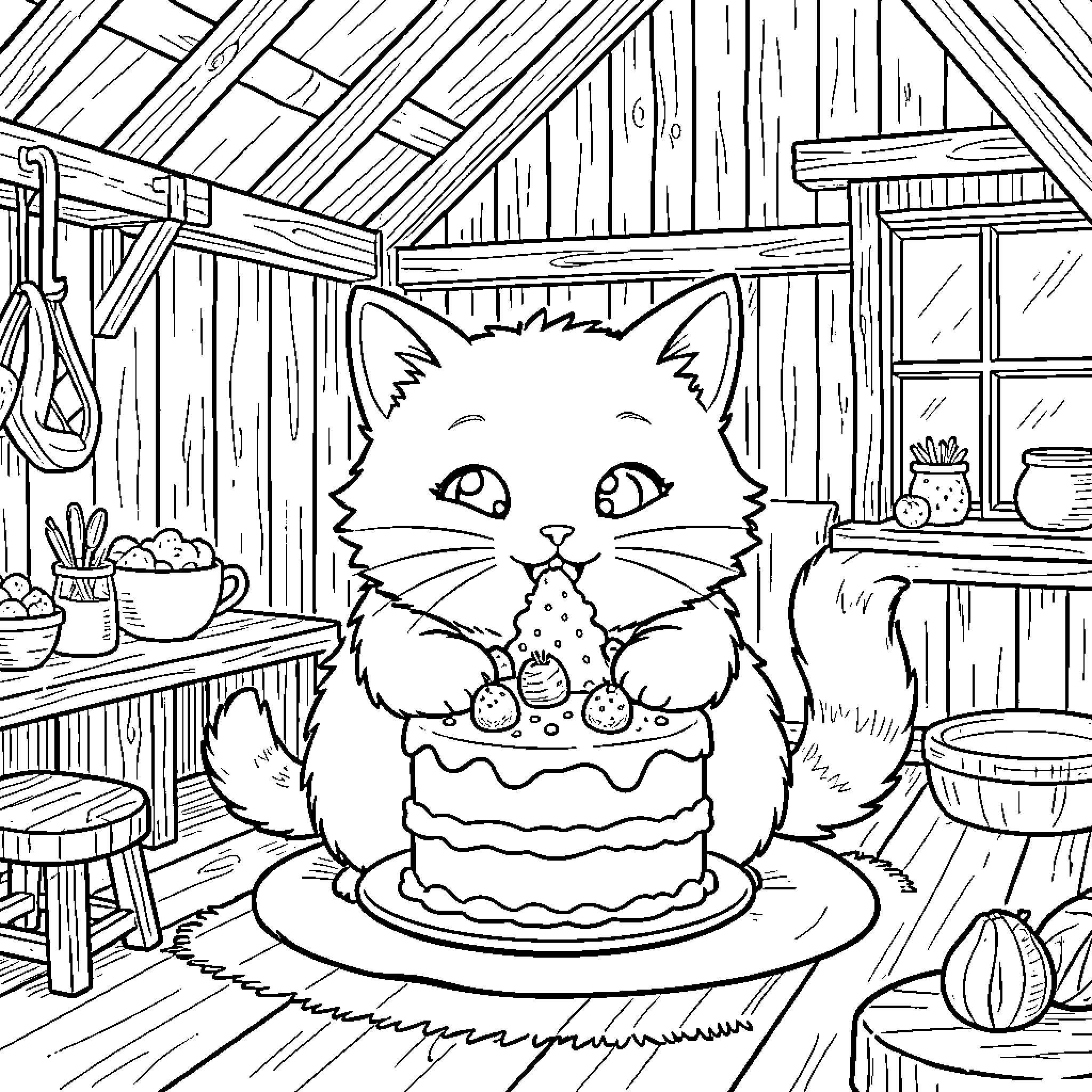 Cat enjoying a delicious cake in a cozy cabin Coloring Page (free black-and-white line drawing printable PDF for all, from beginners to advanced learners, including children, teens, adults, and seniors)