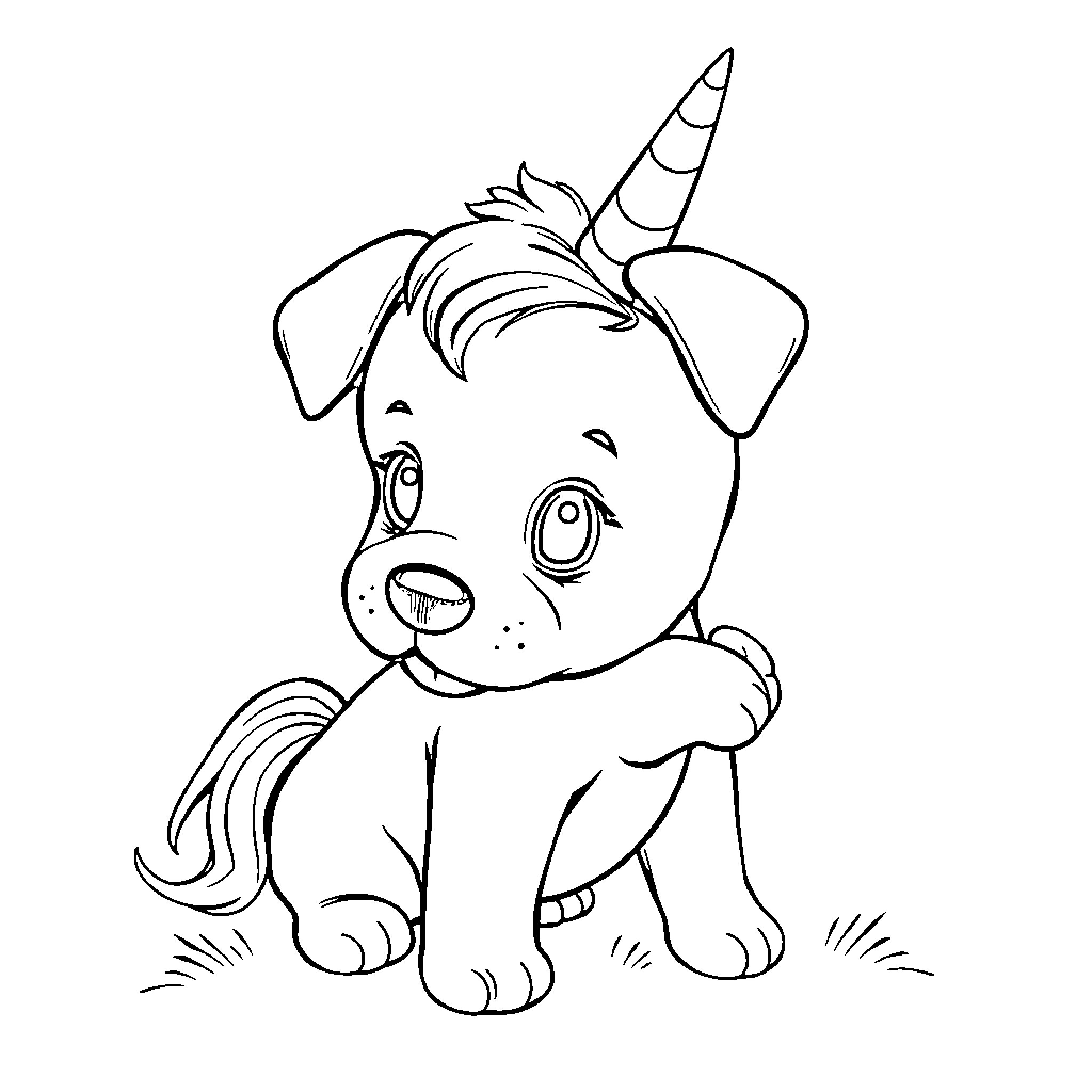 Unicorn Puppy Sitting Cutely on Grass Coloring Page (free black-and-white line drawing printable PDF for all, from beginners to advanced learners, including children, teens, adults, and seniors)