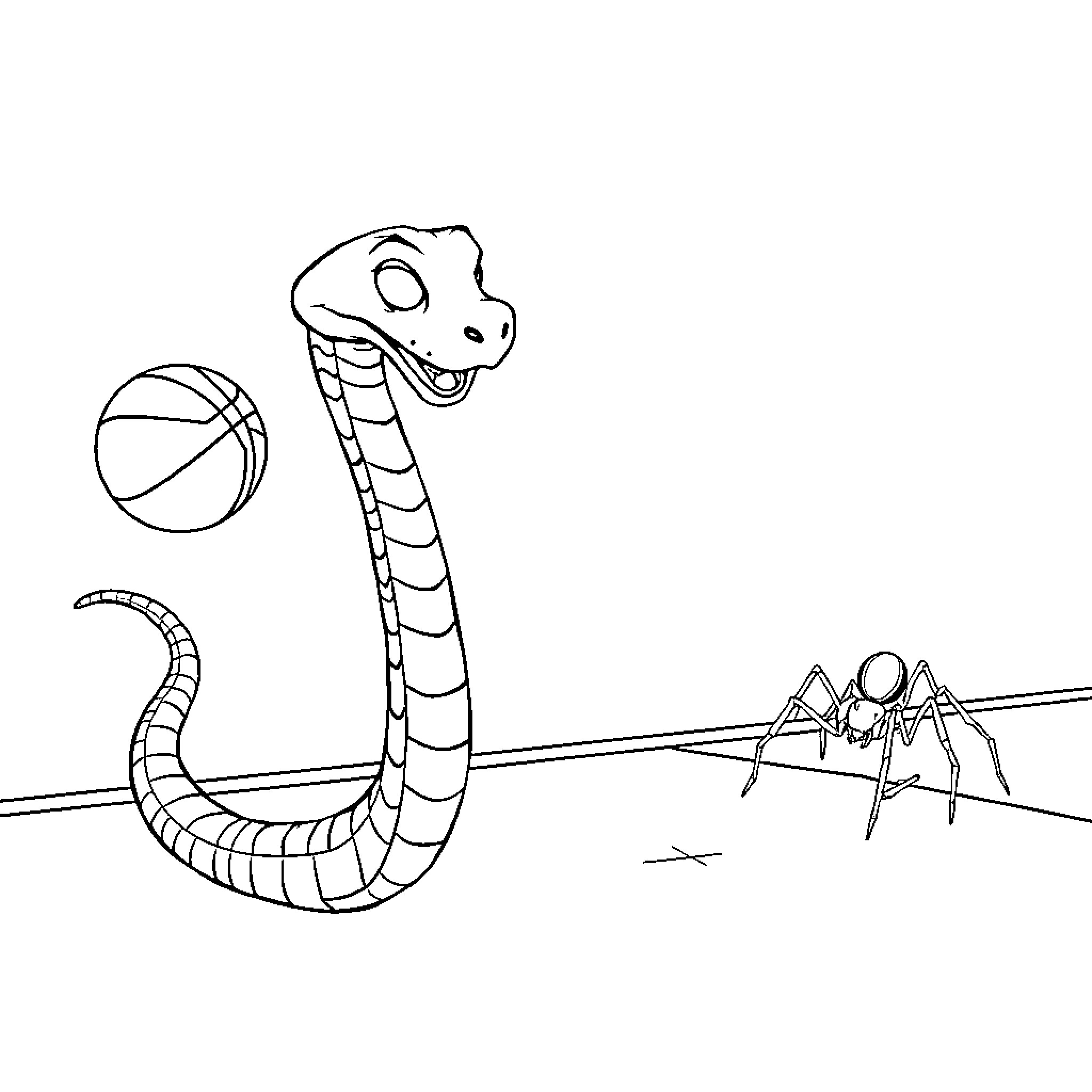 Snake playing with ball near ant Coloring Page (free black-and-white line drawing printable PDF for all, from beginners to advanced learners, including children, teens, adults, and seniors)