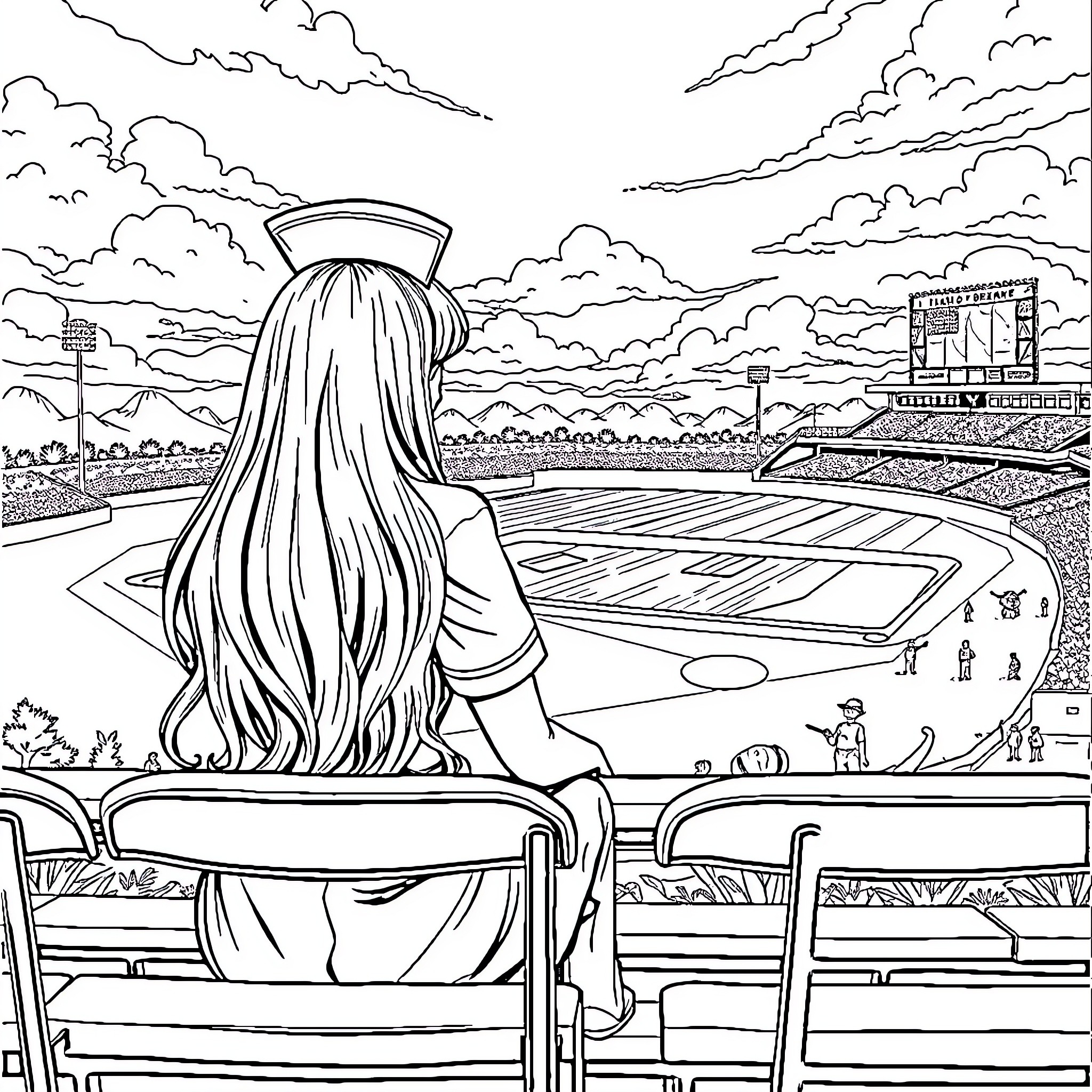 Nurse Watching Over the Baseball Stadium Coloring Page (free black-and-white line drawing printable PDF for all, from beginners to advanced learners, including children, teens, adults, and seniors)