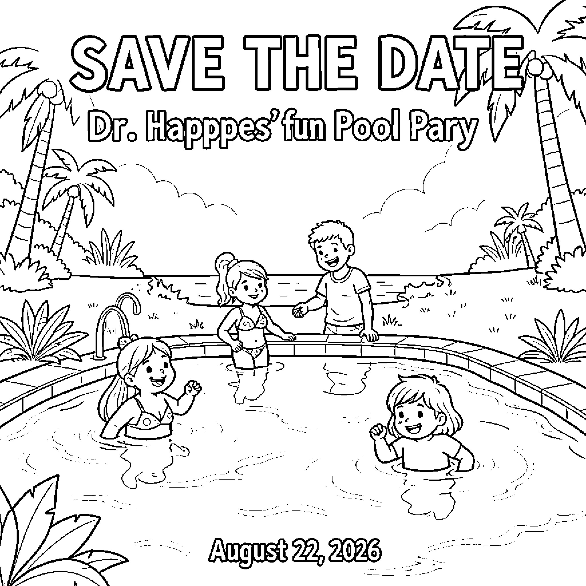 Party at Dr. Happpes' Fun Pool Coloring Page (free black-and-white line drawing printable PDF for all, from beginners to advanced learners, including children, teens, adults, and seniors)