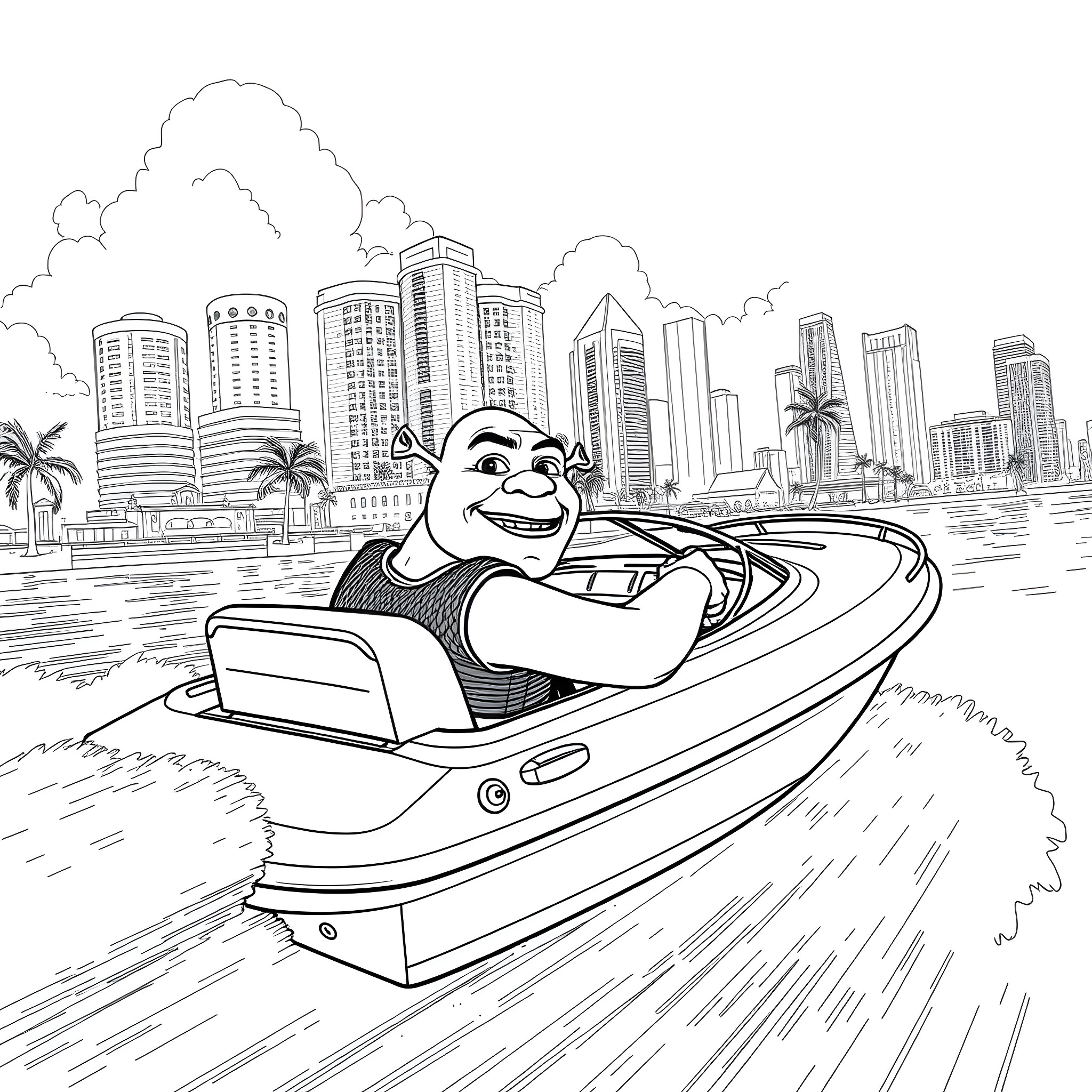 Shrek riding a jetski through the city skyline Coloring Page (free black-and-white line drawing printable PDF for all, from beginners to advanced learners, including children, teens, adults, and seniors)