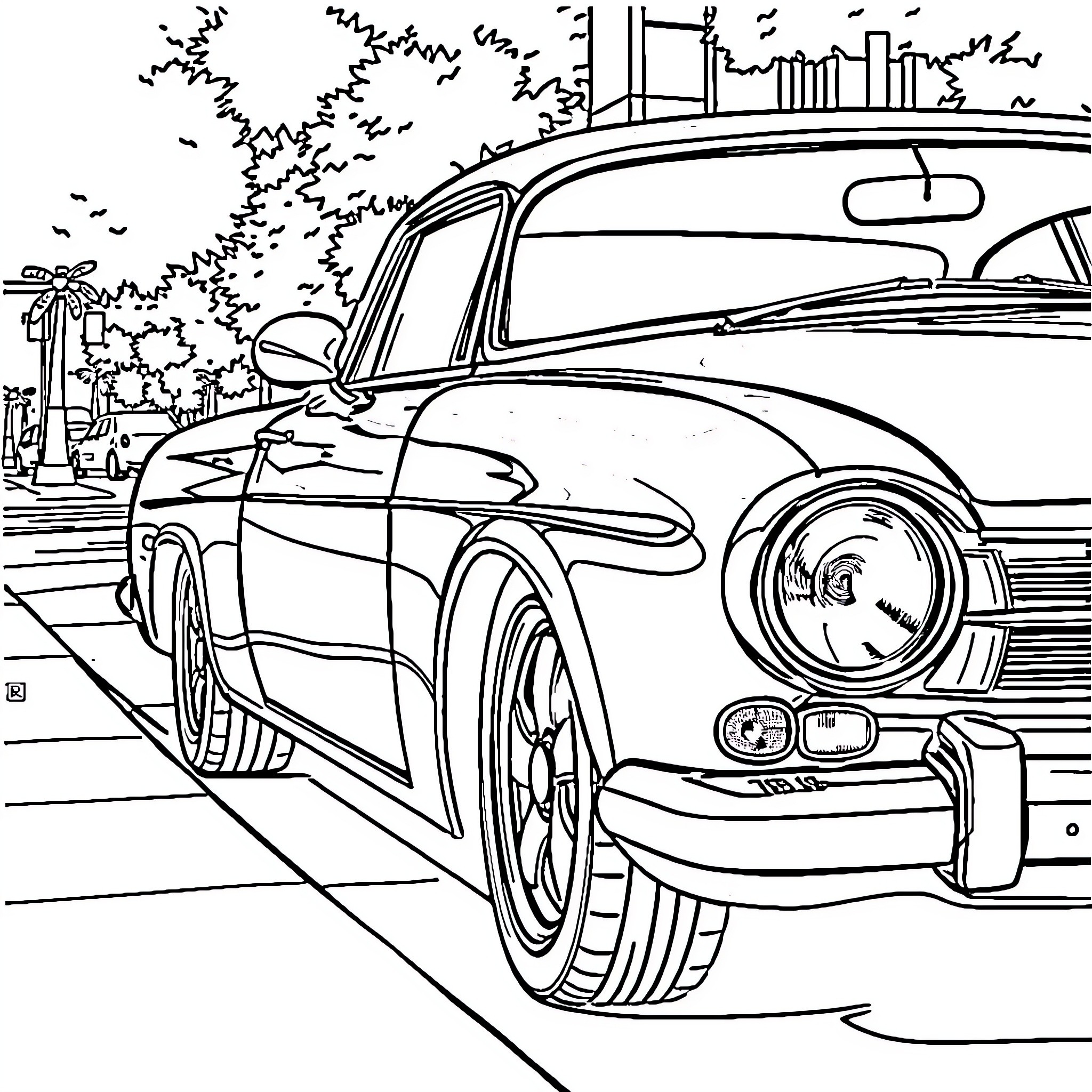 Car speeding on city street Coloring Page (free black-and-white line drawing printable PDF for all, from beginners to advanced learners, including children, teens, adults, and seniors)