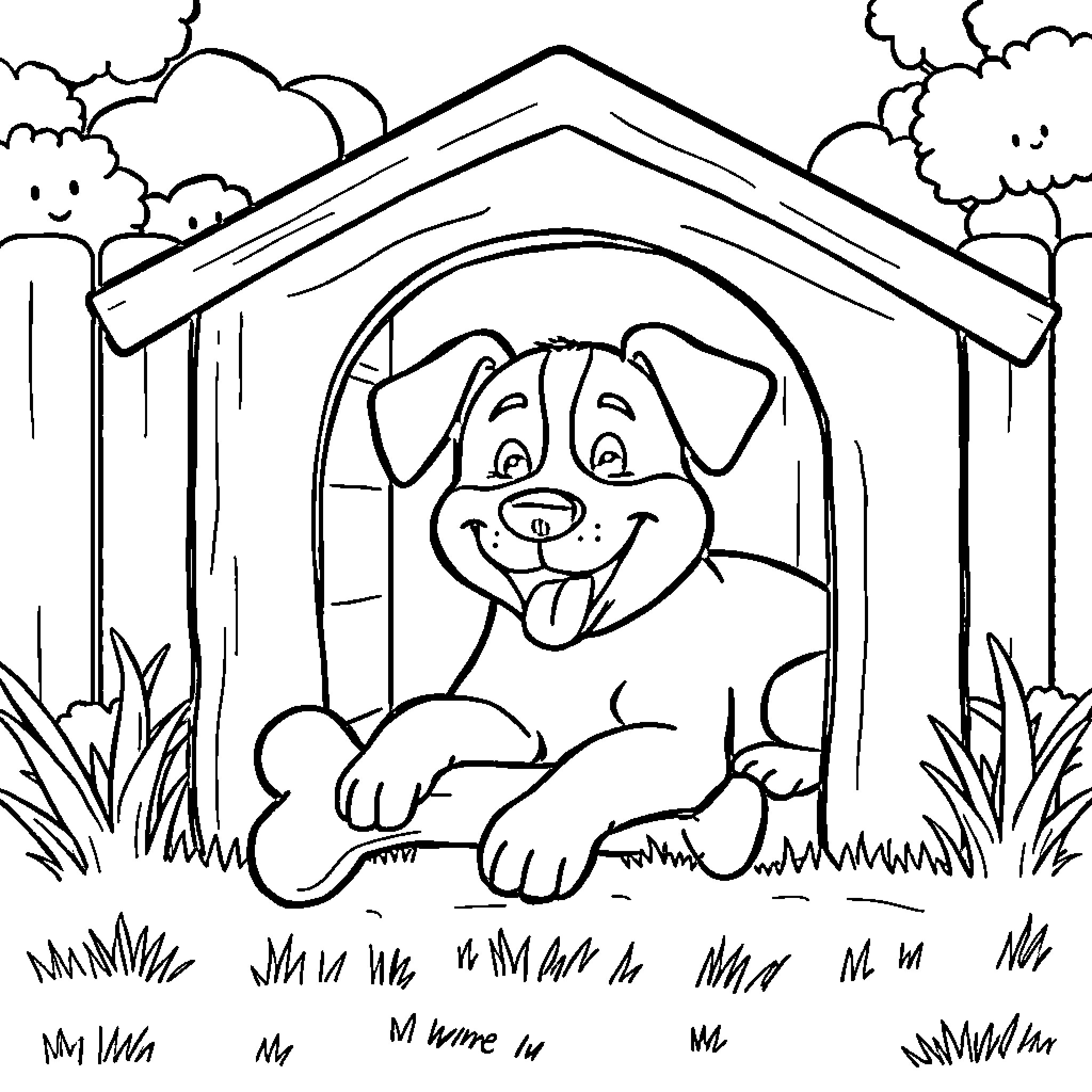 Dog resting happily in its cozy doghouse Coloring Page (free black-and-white line drawing printable PDF for all, from beginners to advanced learners, including children, teens, adults, and seniors)