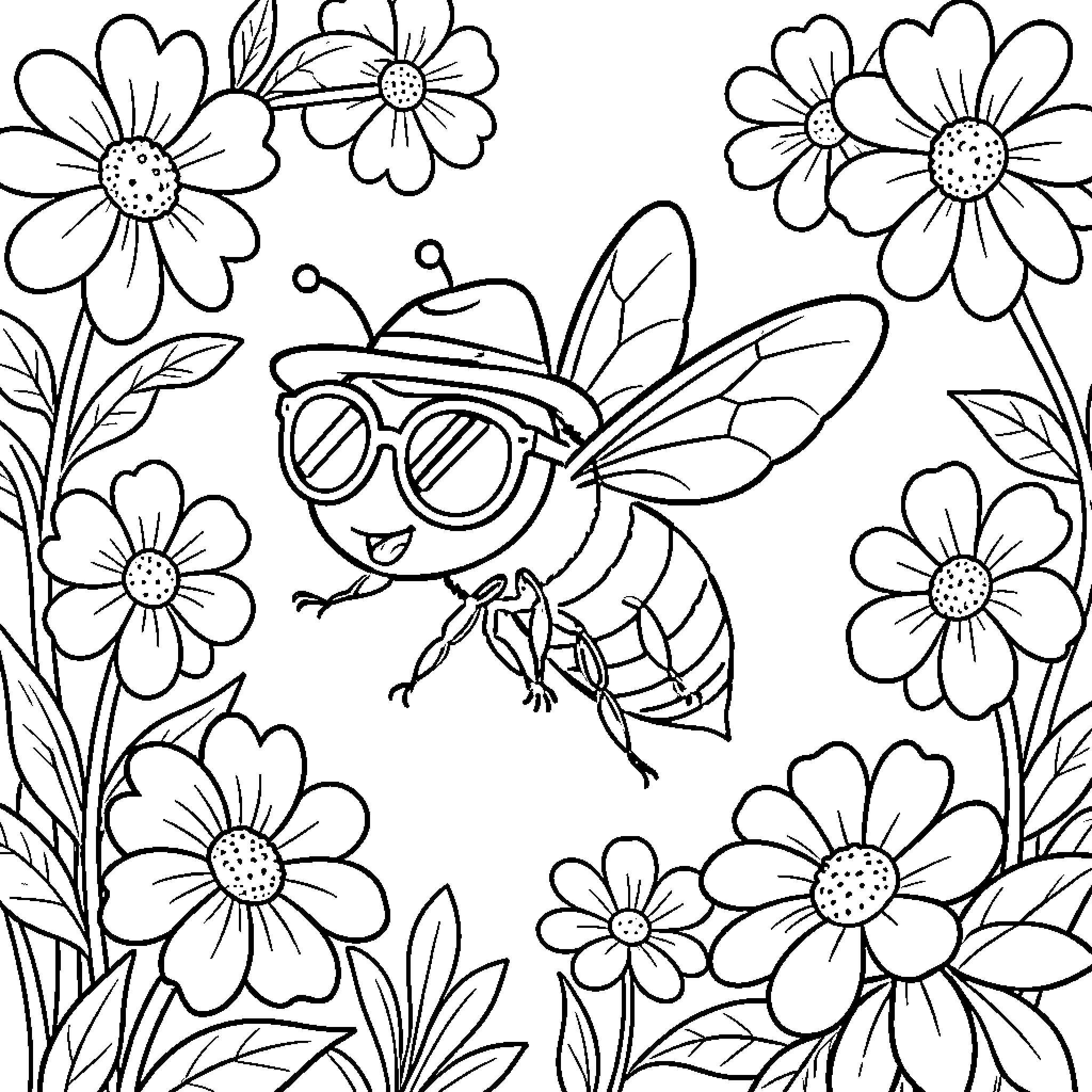Bee in a flower garden Coloring Page (free black-and-white line drawing printable PDF for all, from beginners to advanced learners, including children, teens, adults, and seniors)