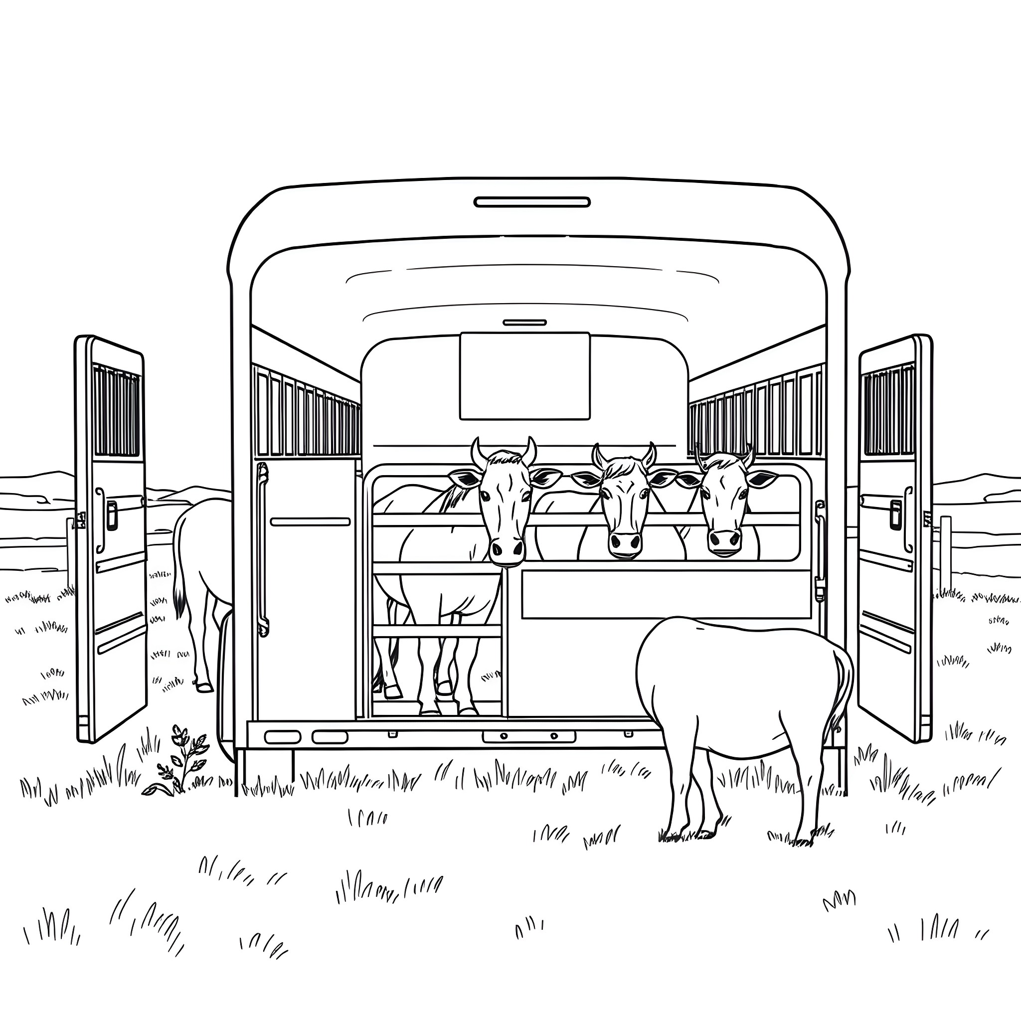 Livestock Trailer with Cows on a Rural Landscape Coloring Page (free black-and-white line drawing printable PDF for all, from beginners to advanced learners, including children, teens, adults, and seniors)