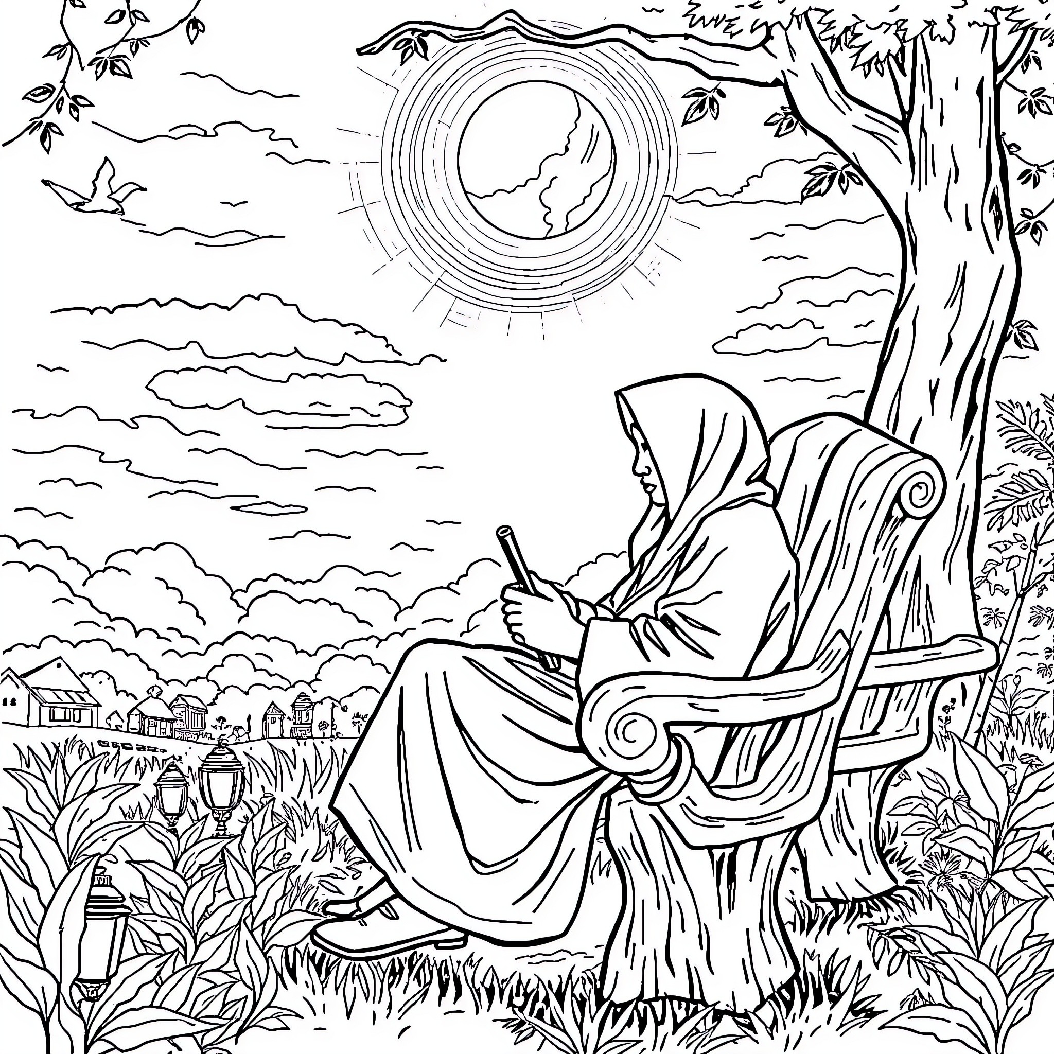 Pemuda in quiet contemplation under the tree Coloring Page (free black-and-white line drawing printable PDF for all, from beginners to advanced learners, including children, teens, adults, and seniors)