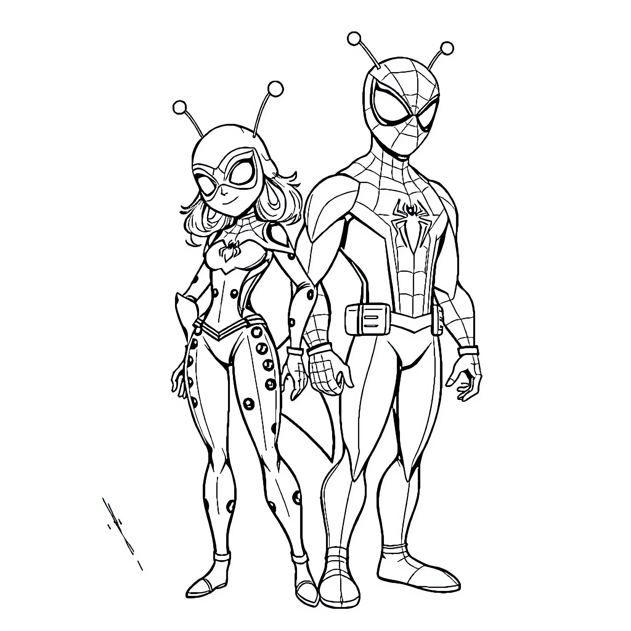 Ladybug and Spider-Man in heroic poses Coloring Page (free black-and-white line drawing printable PDF for all, from beginners to advanced learners, including children, teens, adults, and seniors)