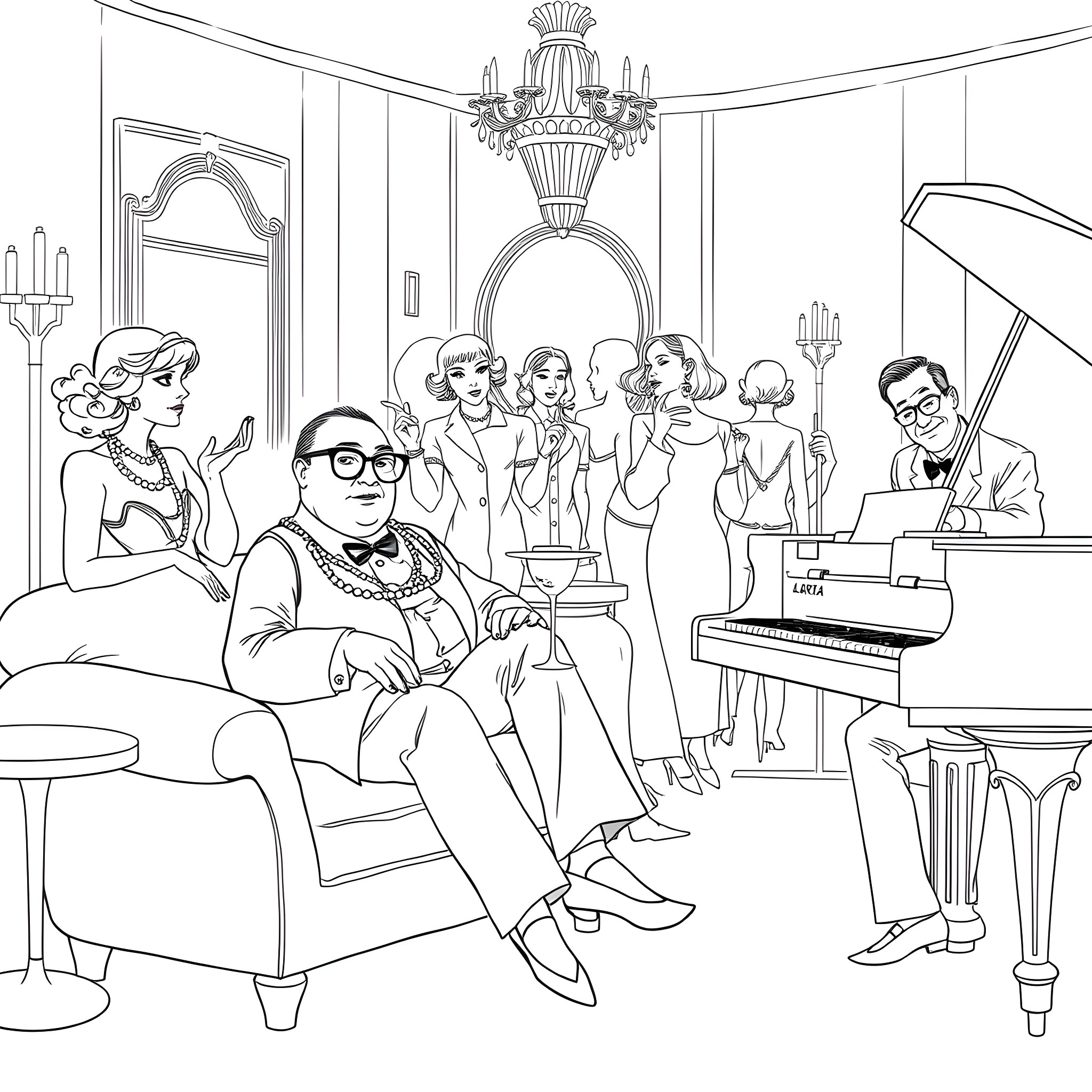 Jazz Age Glamour and Sophistication Coloring Page (free black-and-white line drawing printable PDF for all, from beginners to advanced learners, including children, teens, adults, and seniors)