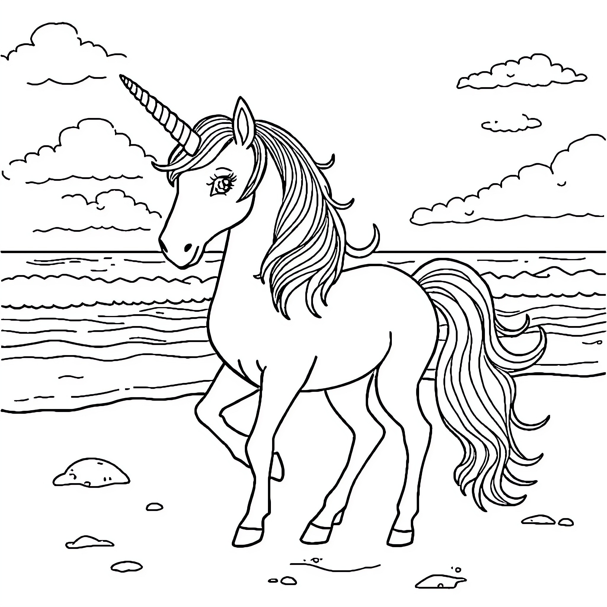 Unicorn standing majestically on the beach Coloring Page (free black-and-white line drawing printable PDF for all, from beginners to advanced learners, including children, teens, adults, and seniors)