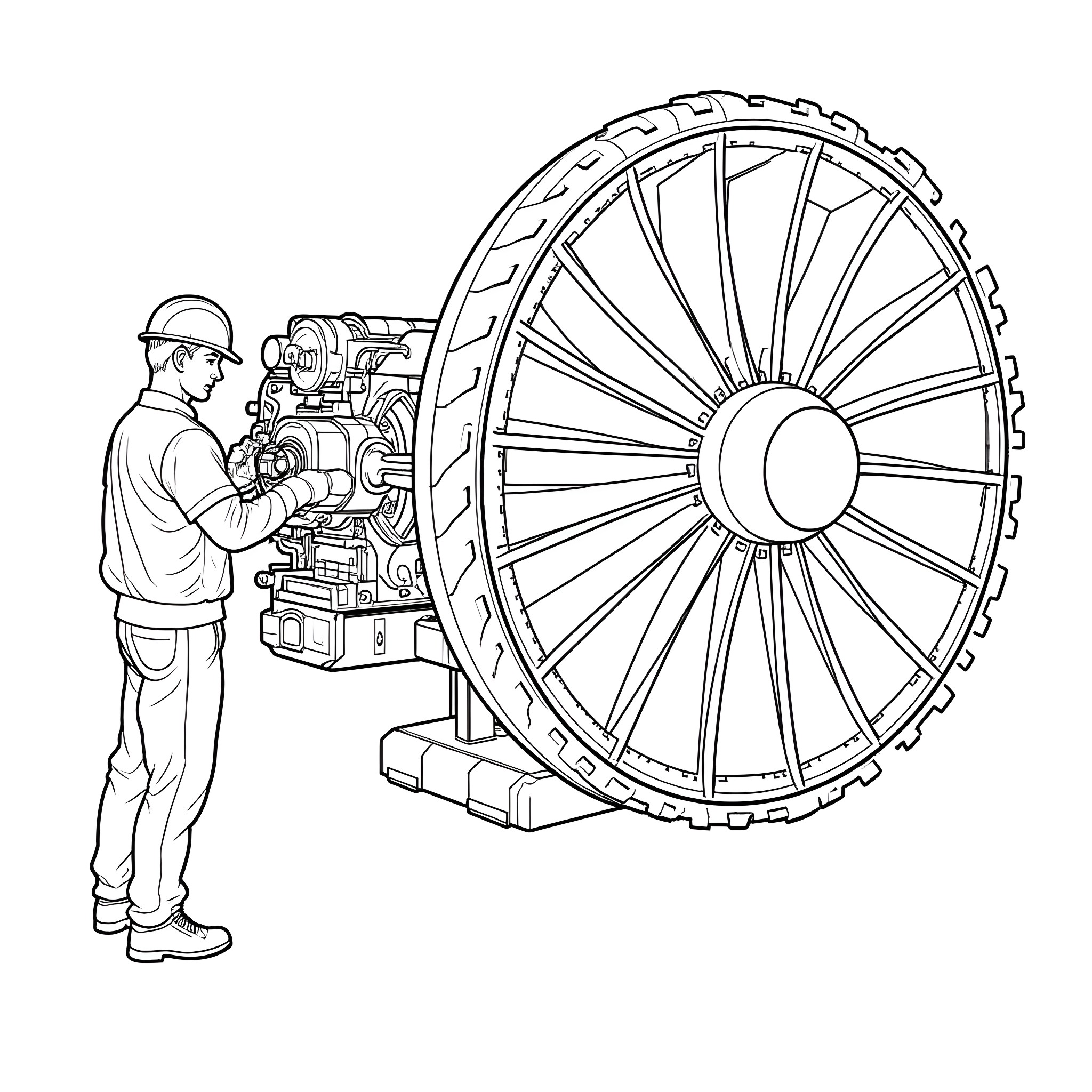 Worker repairing large industrial wheel Coloring Page (free black-and-white line drawing printable PDF for all, from beginners to advanced learners, including children, teens, adults, and seniors)