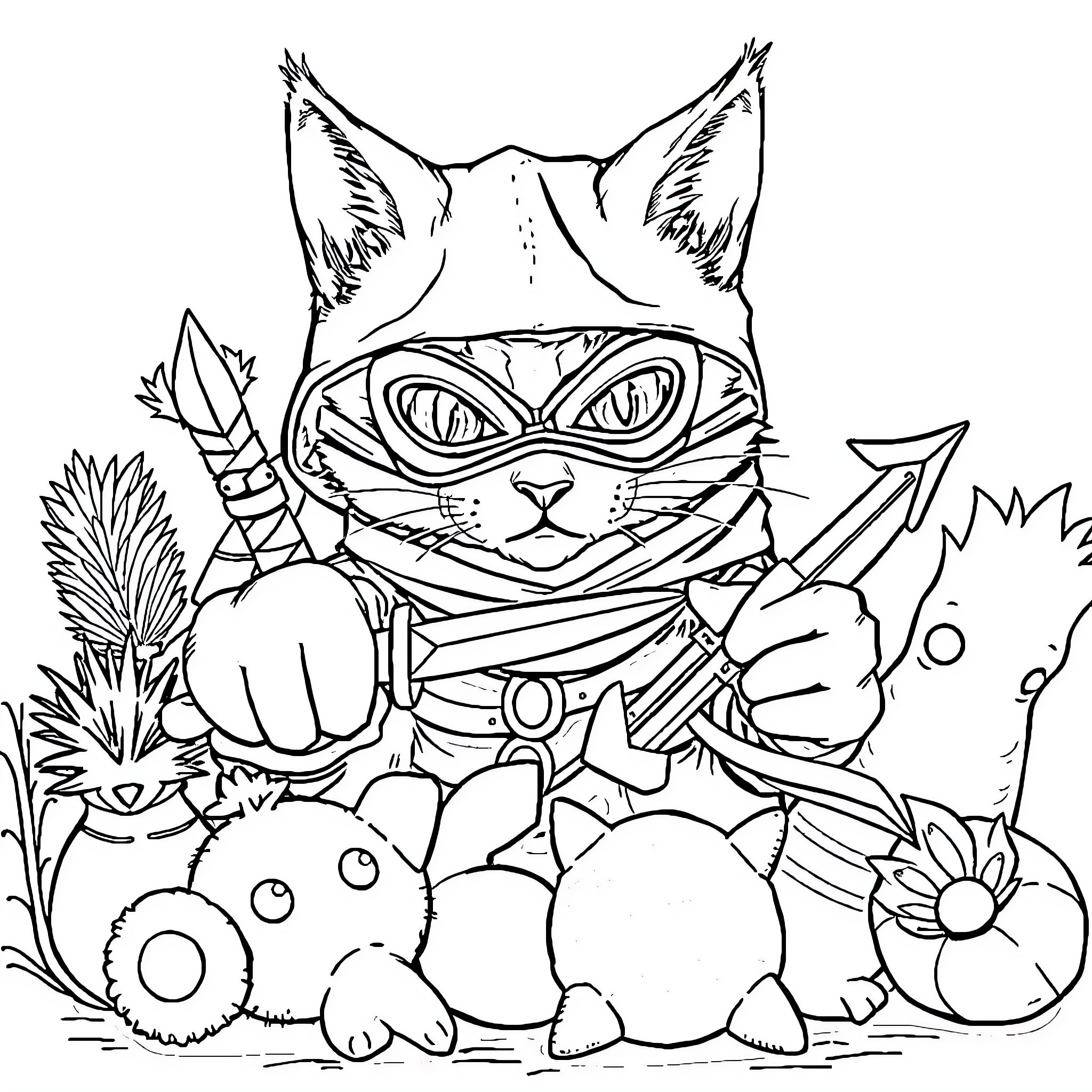 Cat warrior surrounded by nature Coloring Page (free black-and-white line drawing printable PDF for all, from beginners to advanced learners, including children, teens, adults, and seniors)