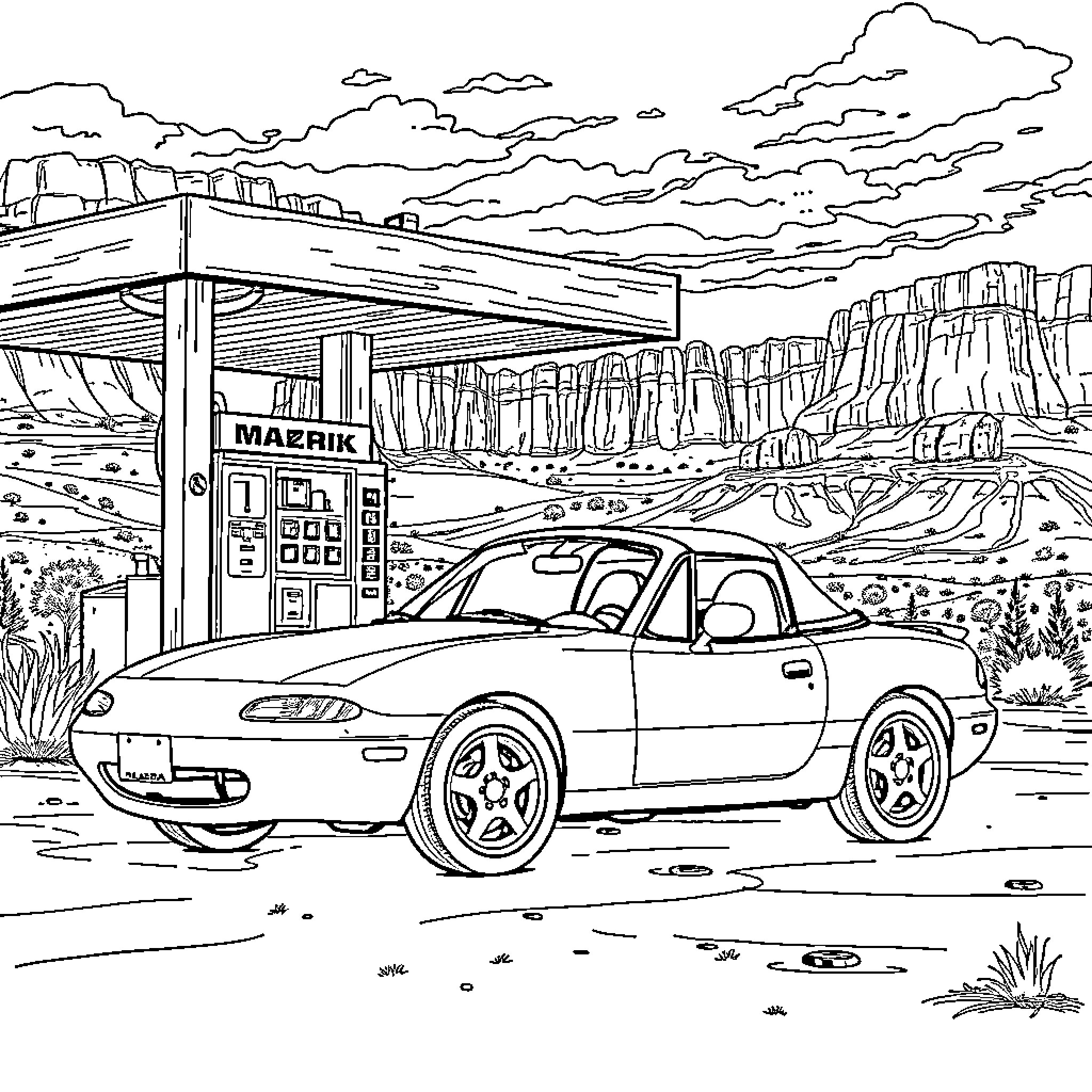 Mazda Miata parked at gas station in desert landscape Coloring Page (free black-and-white line drawing printable PDF for all, from beginners to advanced learners, including children, teens, adults, and seniors)