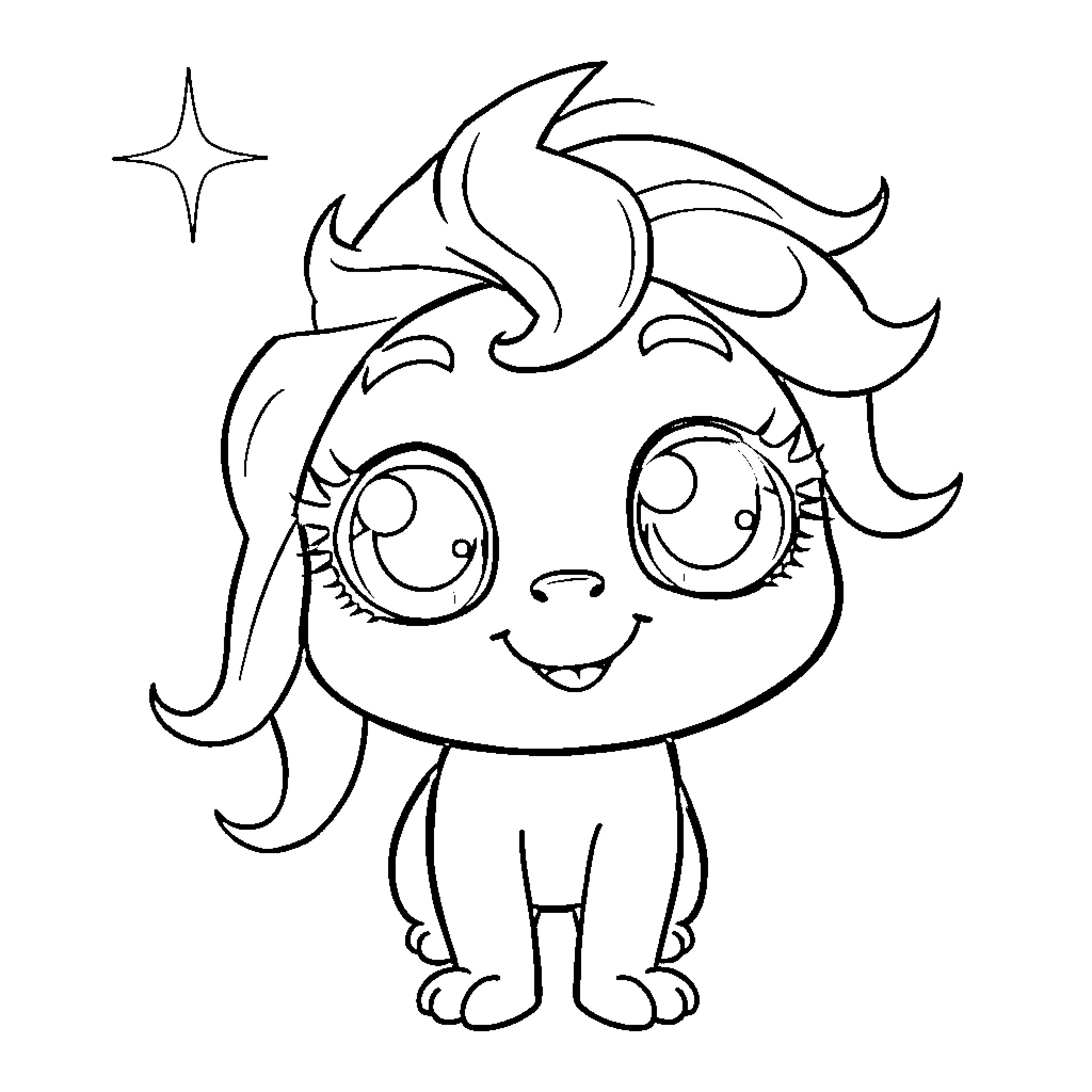 Kawaii Playful Puppy with Sparkling Eyes Coloring Page (free black-and-white line drawing printable PDF for all, from beginners to advanced learners, including children, teens, adults, and seniors)