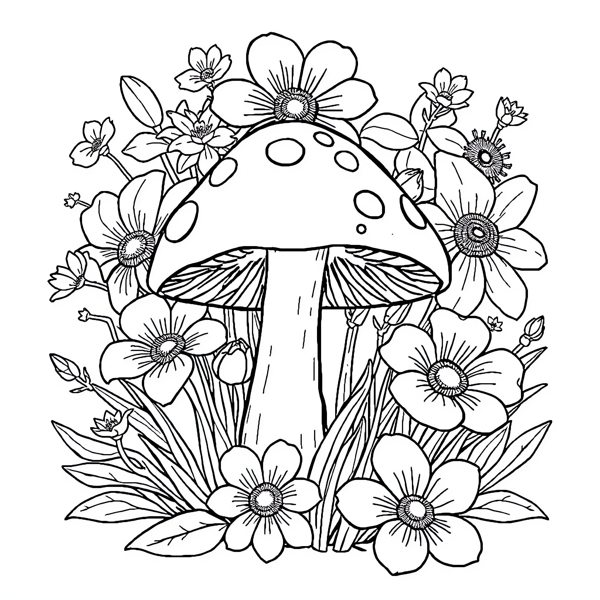 Mushroom surrounded by blooming flowers Coloring Page (free black-and-white line drawing printable PDF for all, from beginners to advanced learners, including children, teens, adults, and seniors)