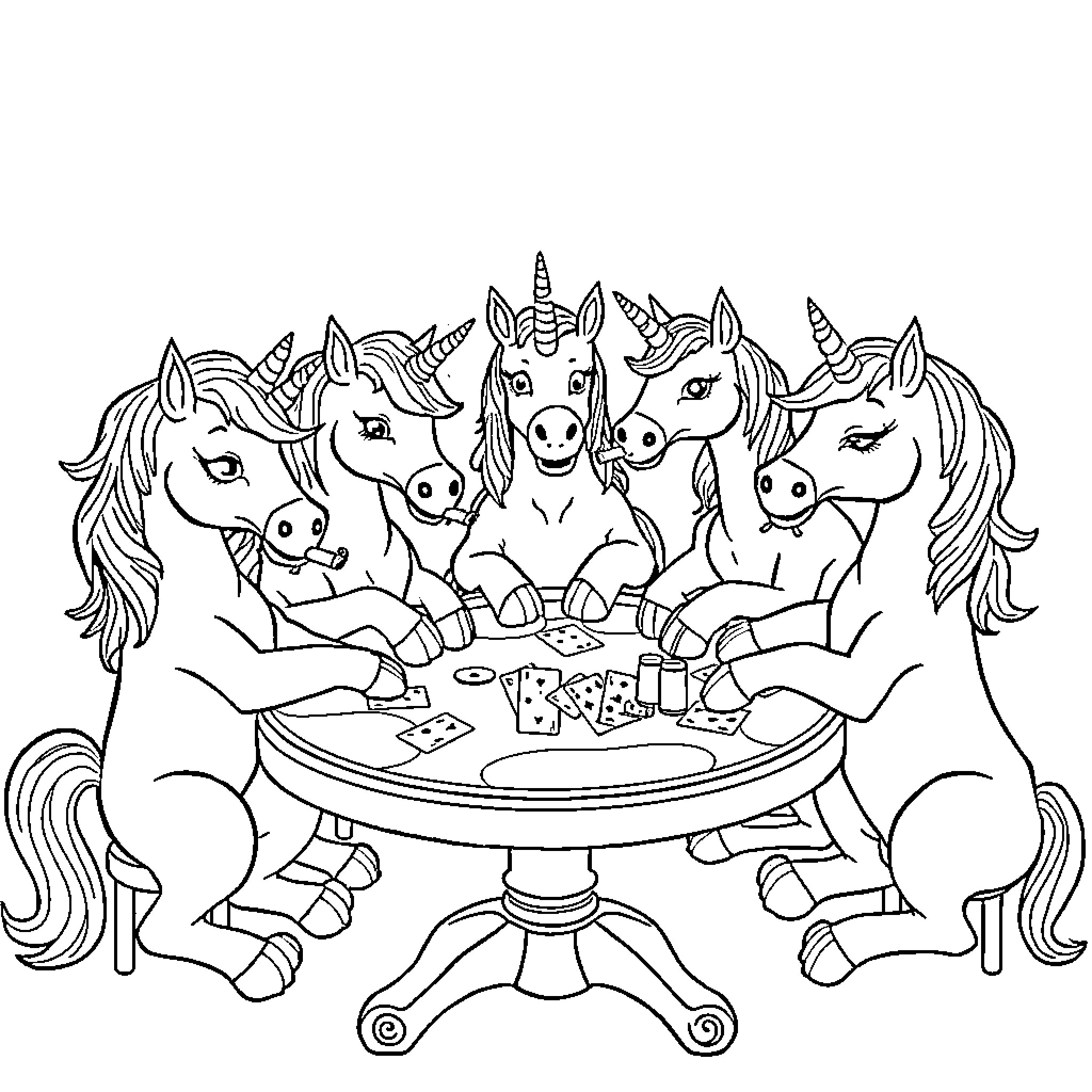 Unicorns Gathered Around Playing Cards Coloring Page (free black-and-white line drawing printable PDF for all, from beginners to advanced learners, including children, teens, adults, and seniors)