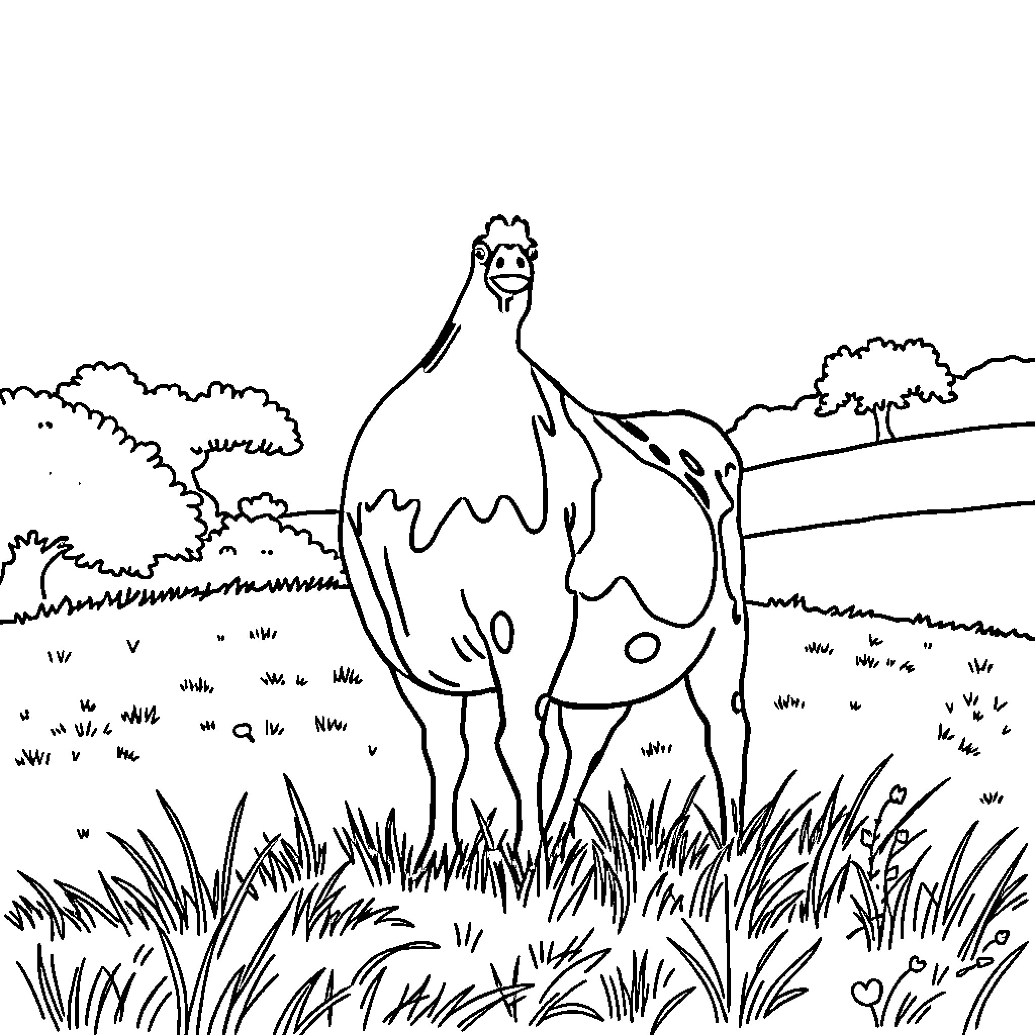 Vache standing in a grassy field Coloring Page (free black-and-white line drawing printable PDF for all, from beginners to advanced learners, including children, teens, adults, and seniors)