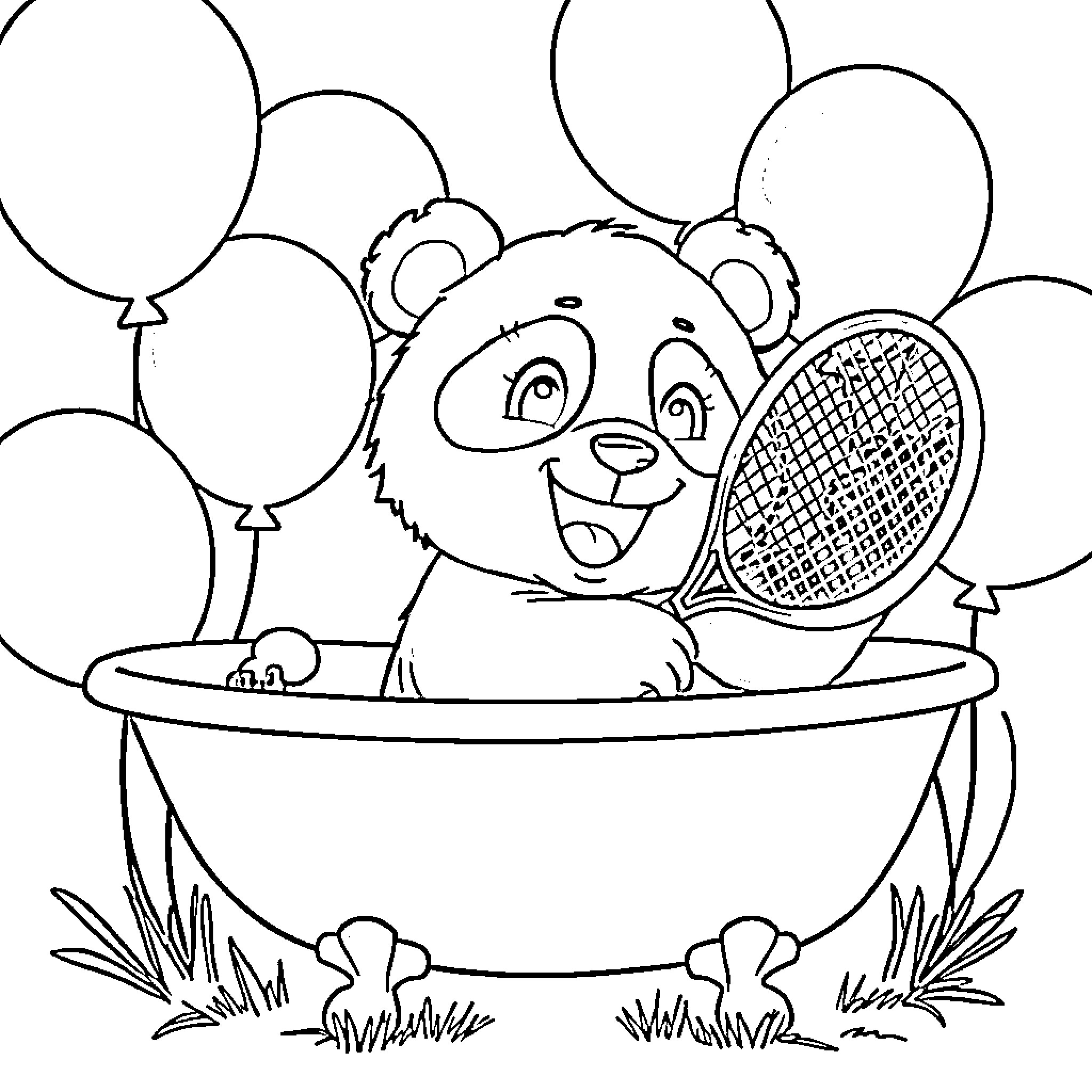 Panda playing with tennis racket and balloons Coloring Page (free black-and-white line drawing printable PDF for all, from beginners to advanced learners, including children, teens, adults, and seniors)