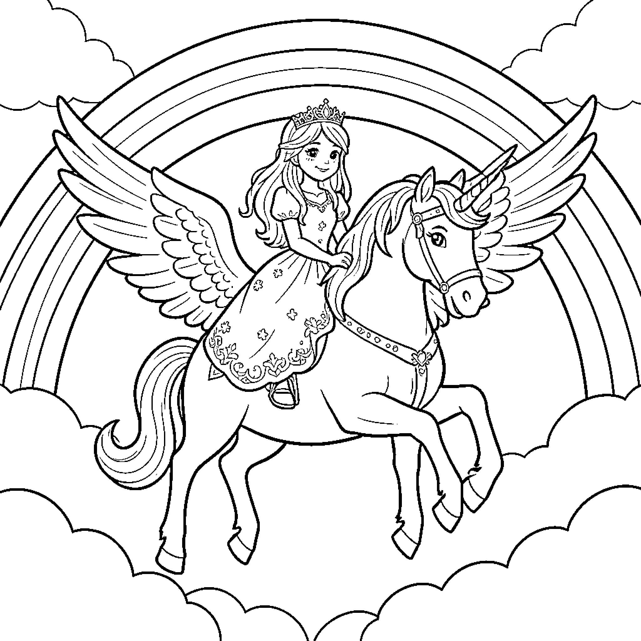 Princess riding a winged unicorn through the clouds Coloring Page (free black-and-white line drawing printable PDF for all, from beginners to advanced learners, including children, teens, adults, and seniors)