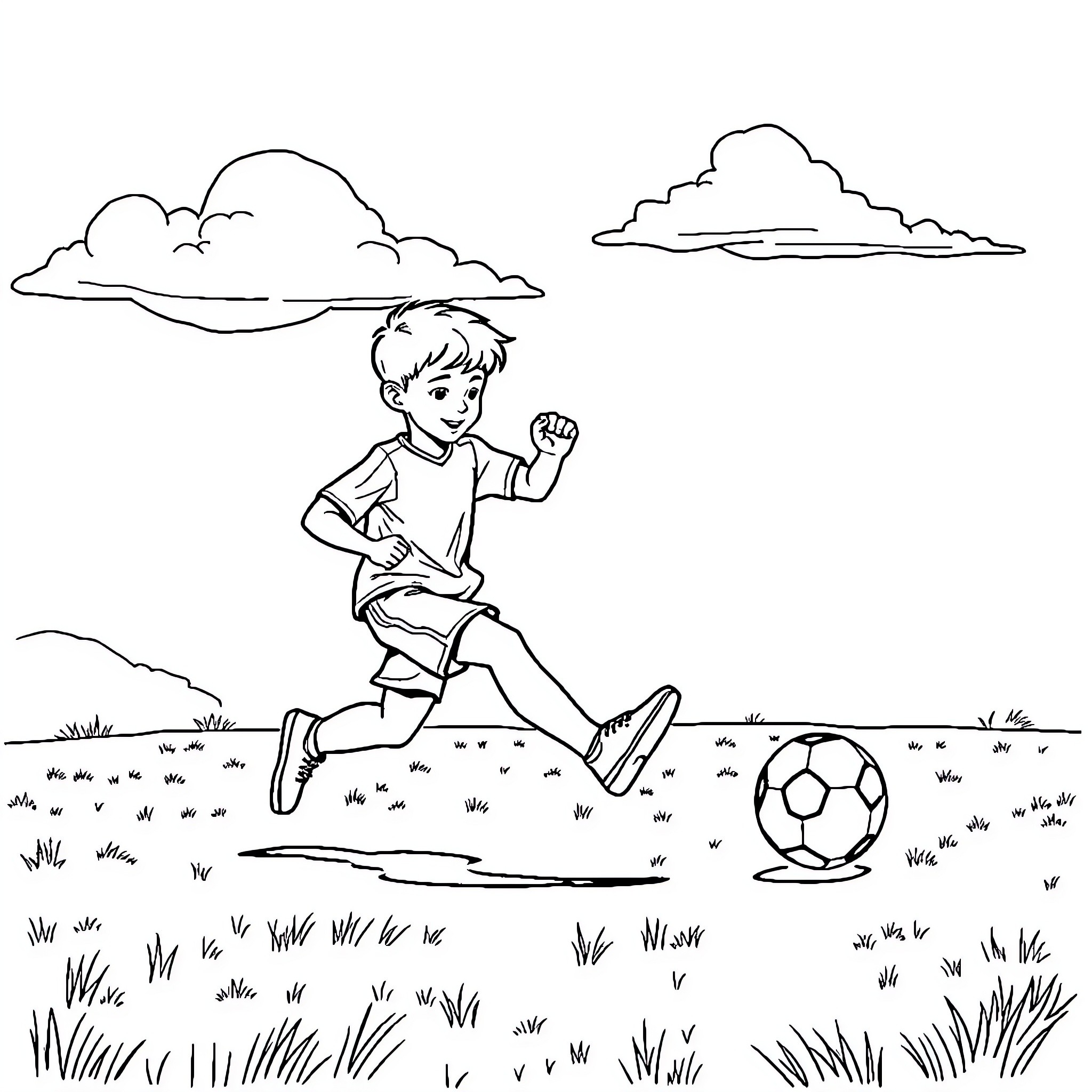 Boy playing joyfully with soccer ball in the park Coloring Page (free black-and-white line drawing printable PDF for all, from beginners to advanced learners, including children, teens, adults, and seniors)
